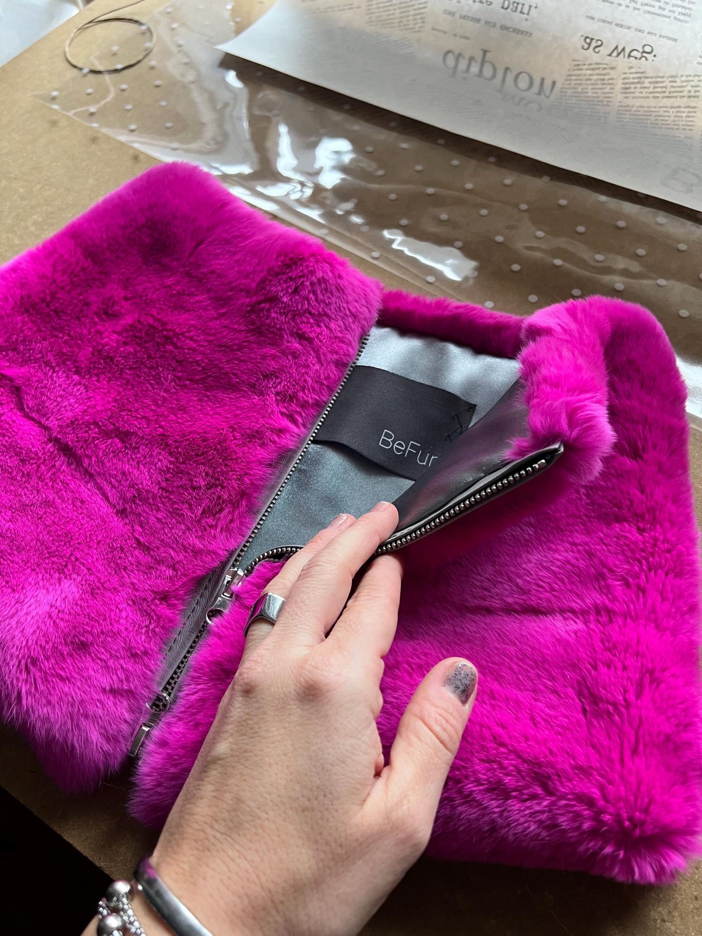 Fuchsia Rex Rabbit Fur Cowl: Leather Detail Infinity Scarf