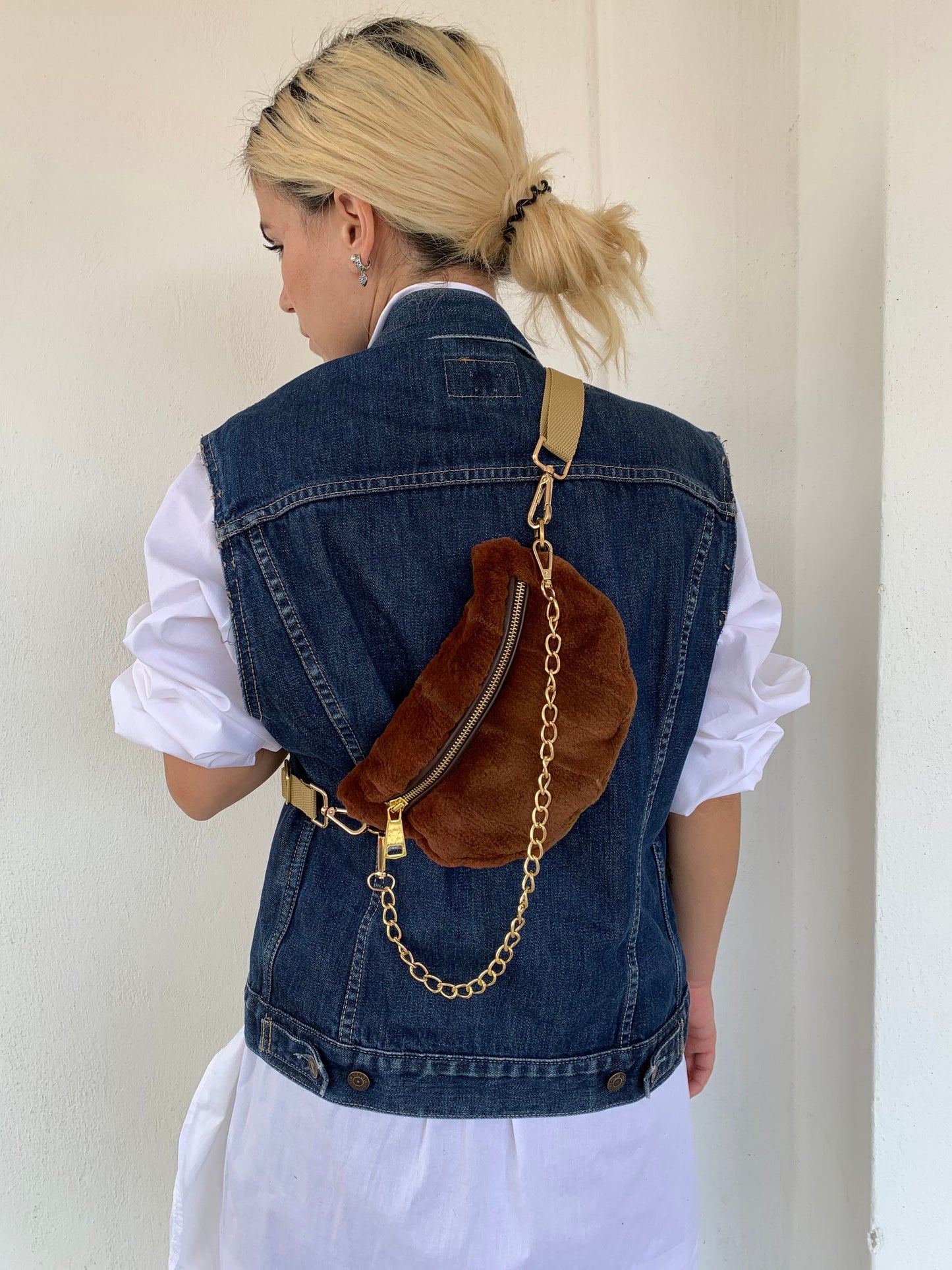 Cognac Mink Fur Bumbag with Chain: Luxury Fanny Pack