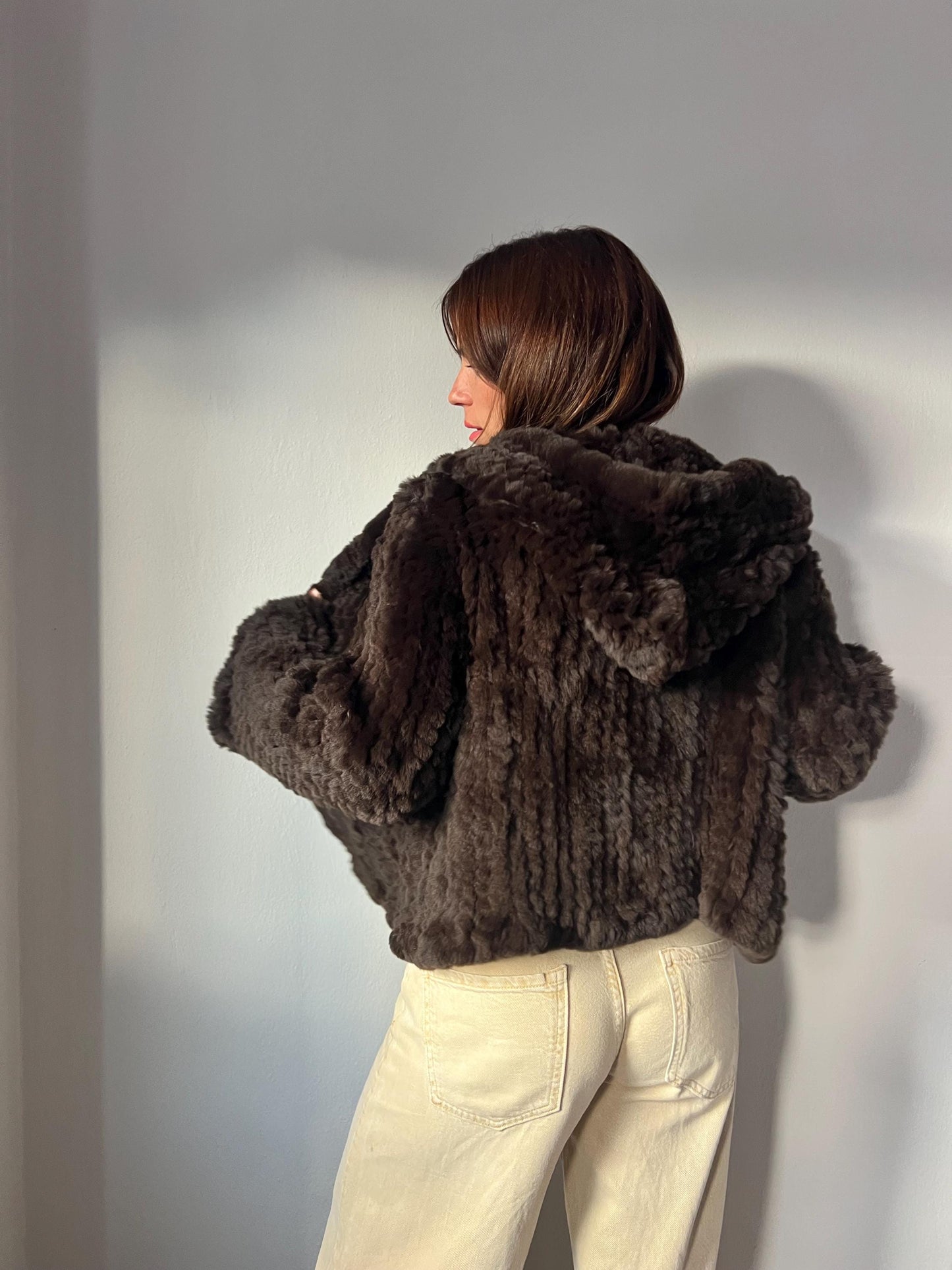 Handwoven Brown Rabbit Fur Hooded Jacket - Frog Closure