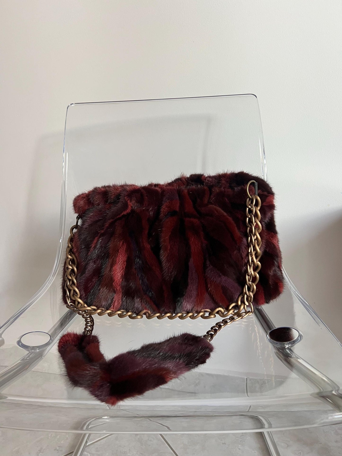Handmade Mink Fur Slouchy Shoulder Bagin Burgundy : Luxury Cross-body Purse in army shades.
