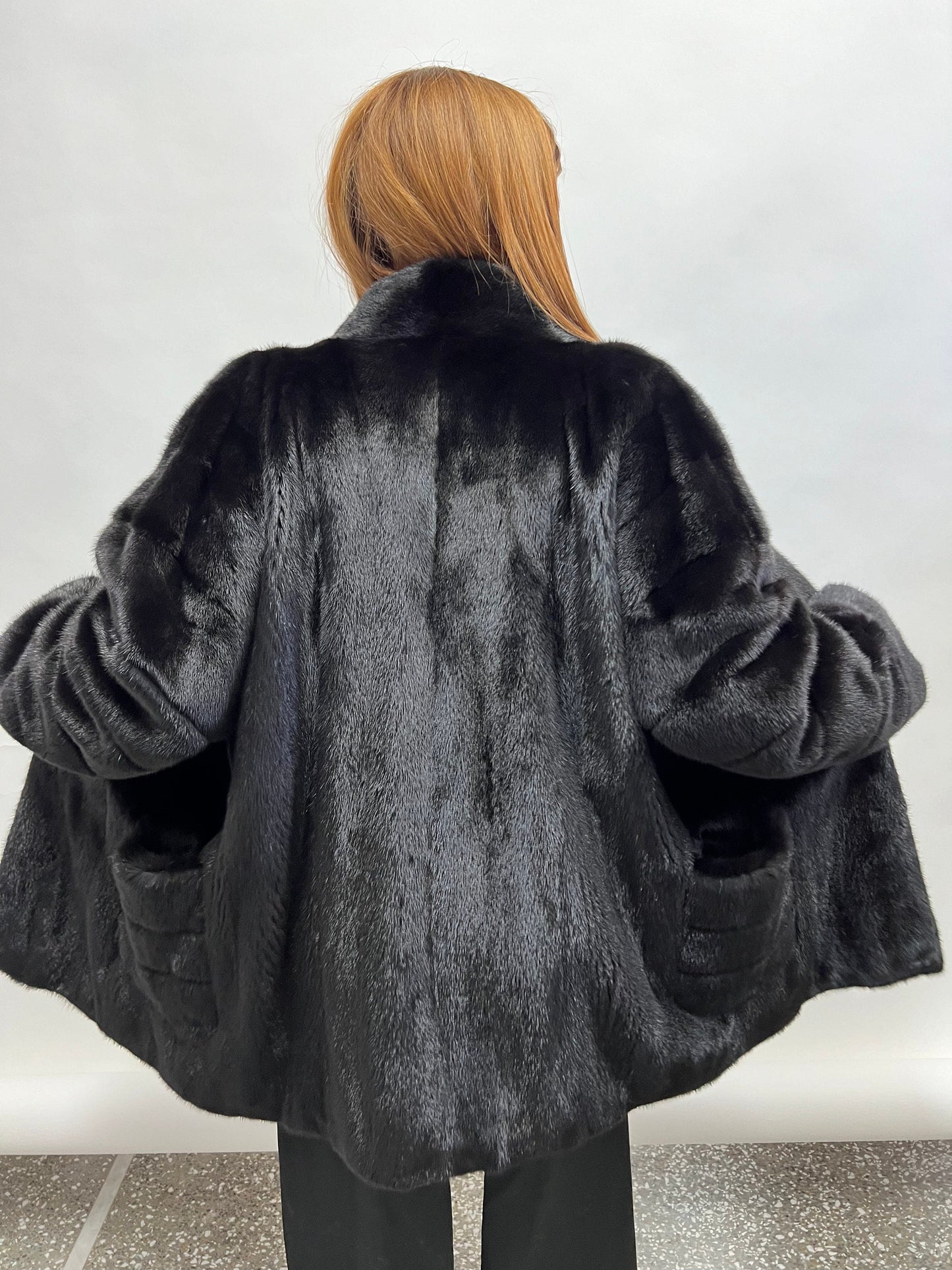 Black Mink Fur Coat, Boxy Jacket with Collar, Size Small