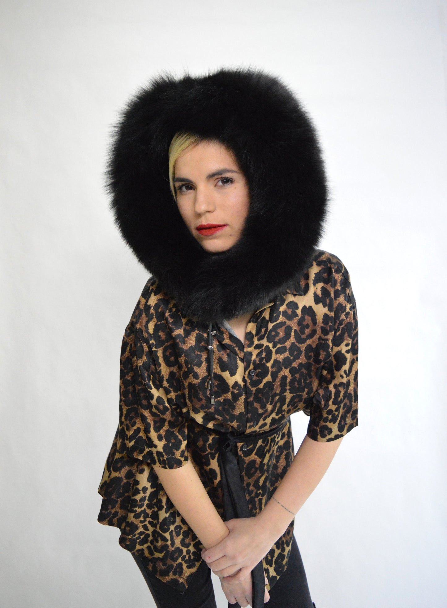 Black Fox Fur Hood: Fluffy Winter Hood with Drawstring