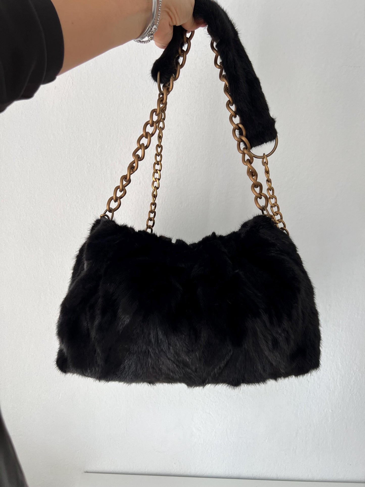 Handmade Mink Fur Shoulder Bag: Black Slouchy Pouch with Bronze Straps