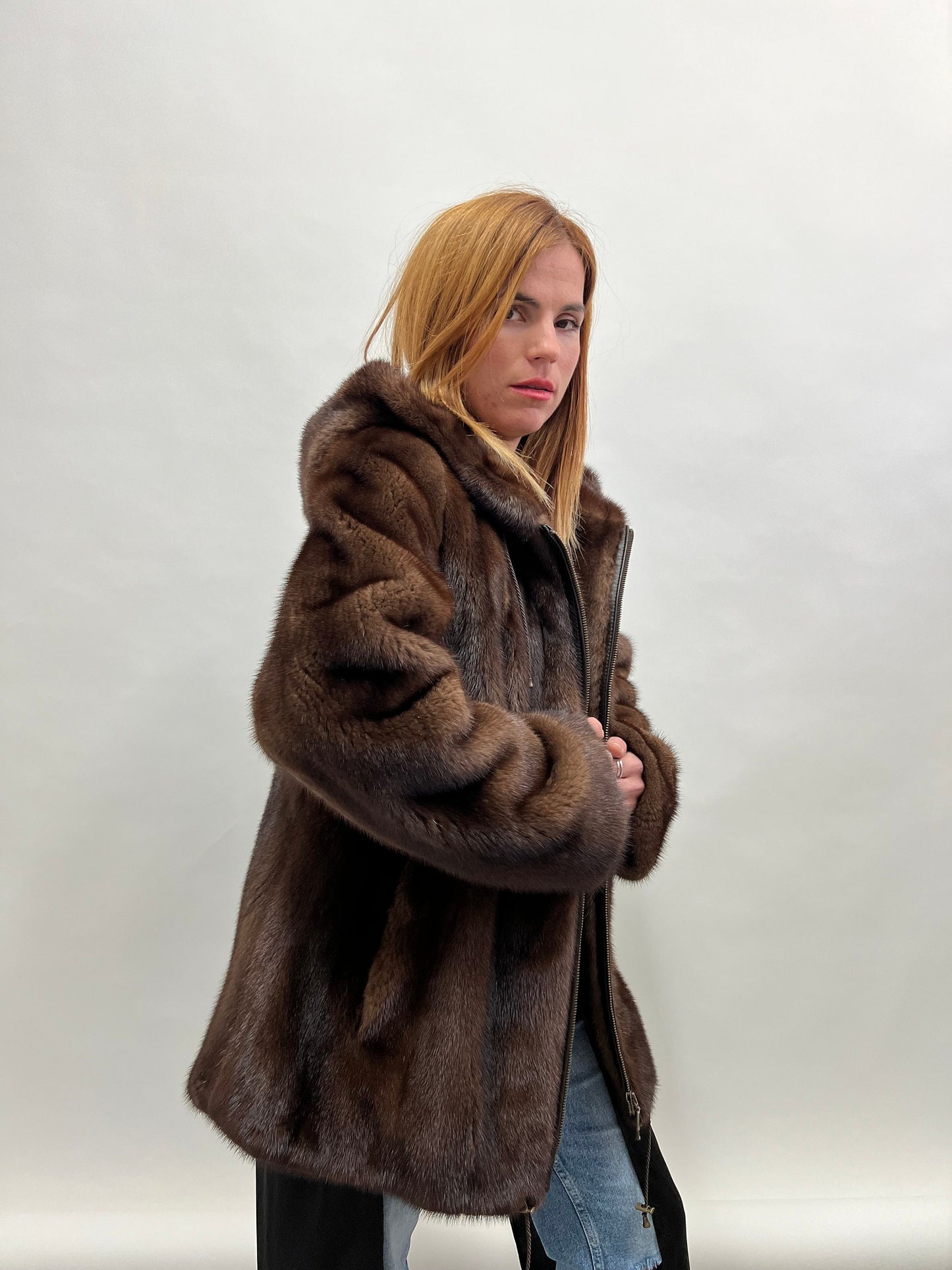 Brown Mink Hooded Jacket - Saga Furs - Zip Closure