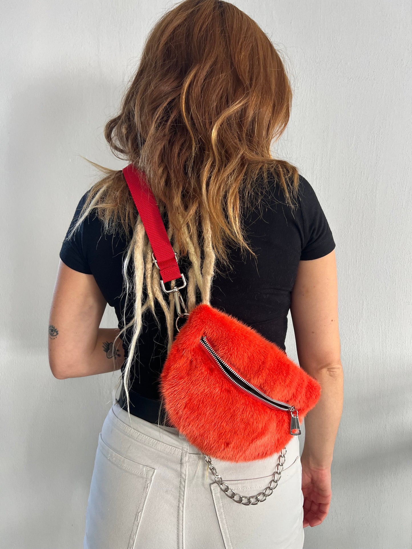 Orange Mink Fur Bumbag with Chain Strap: Luxury Fanny Pack