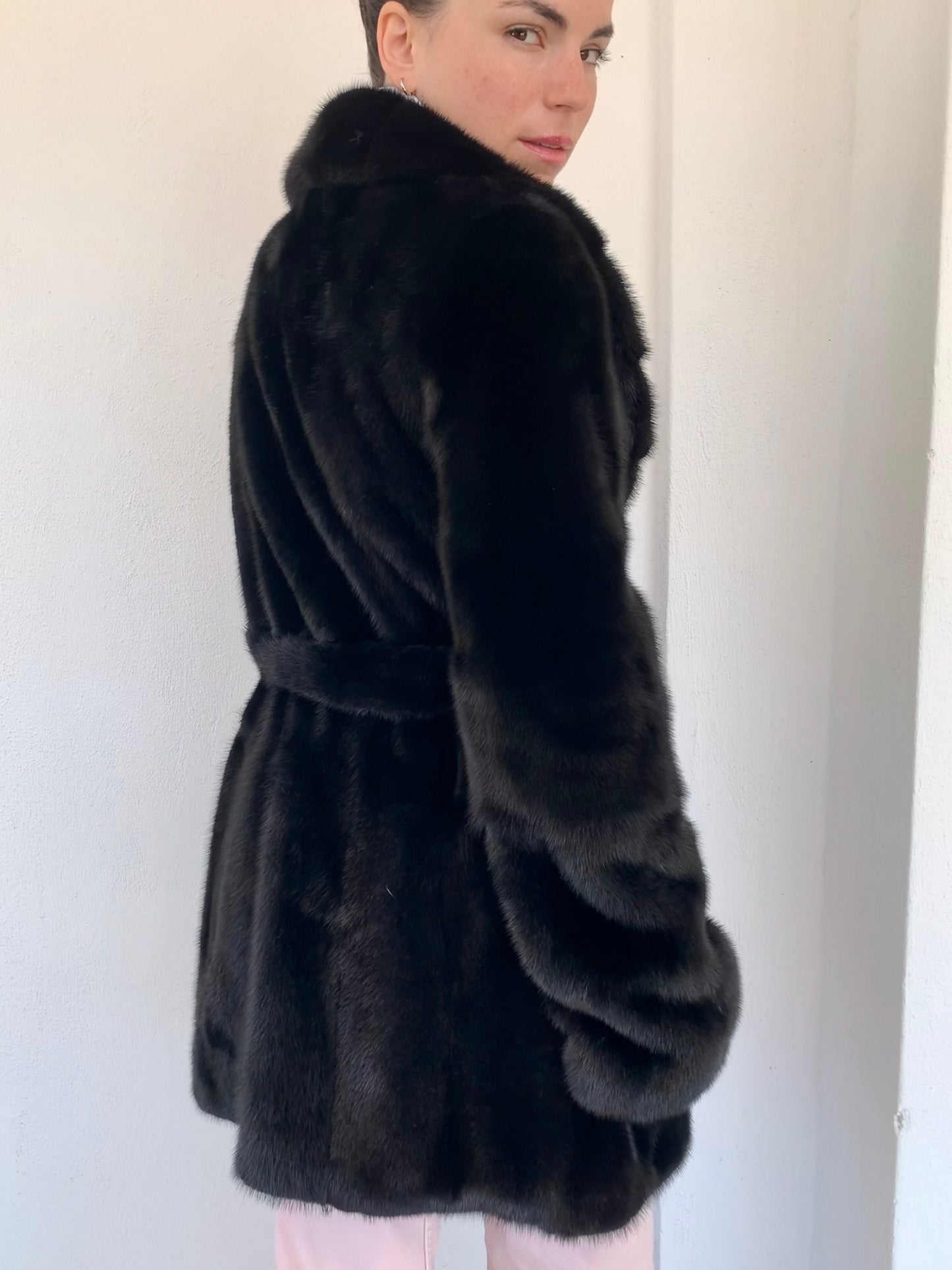 Real Mink Fur Jacket: Black Supple Skin Coat with Belt