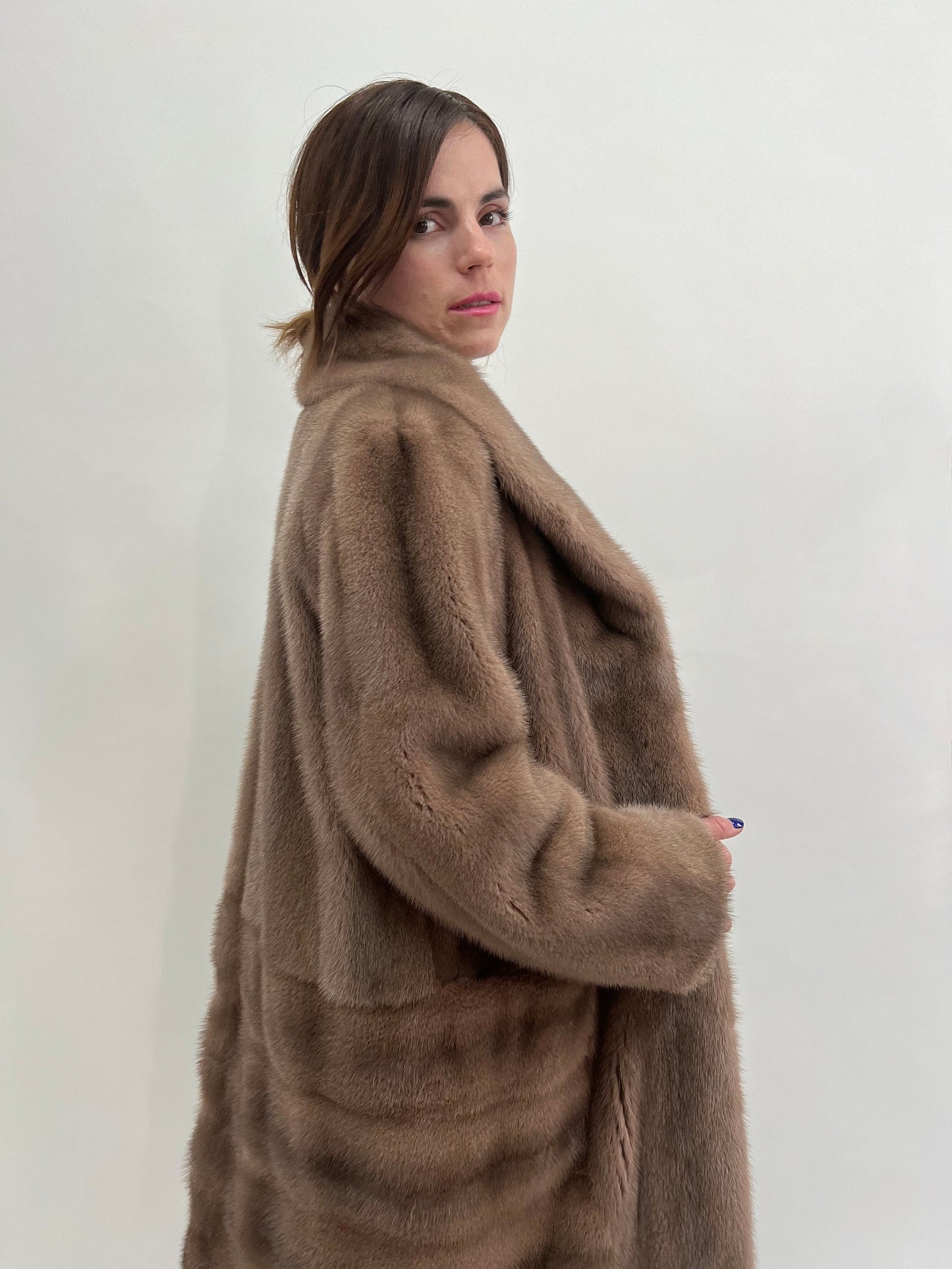 Cappuccino Mink Fur Long Coat, Saga Pelts, Plus Size L