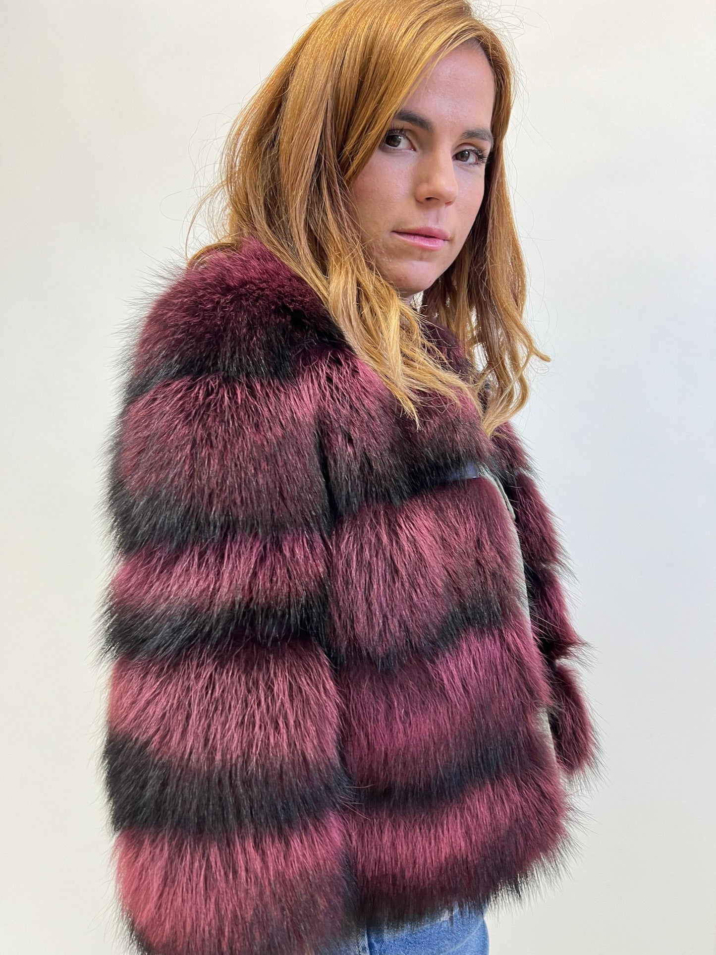 Genuine Burgundy Raccoon Fur Jacket: Leather Trim, XXSmall