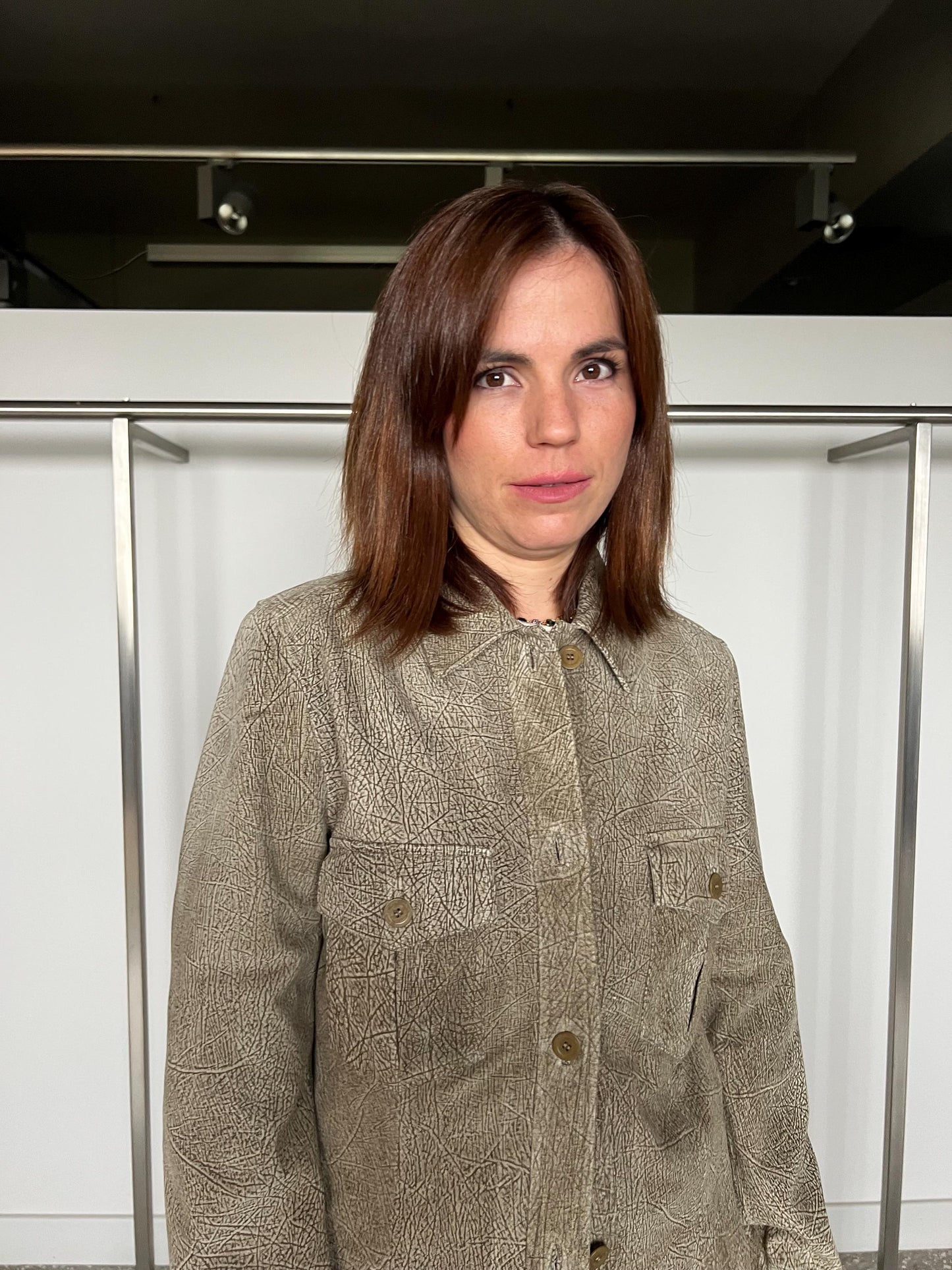 Grey/olive suede leather oversirt. Light genuinely leather: Handmade blazer with external pockets.