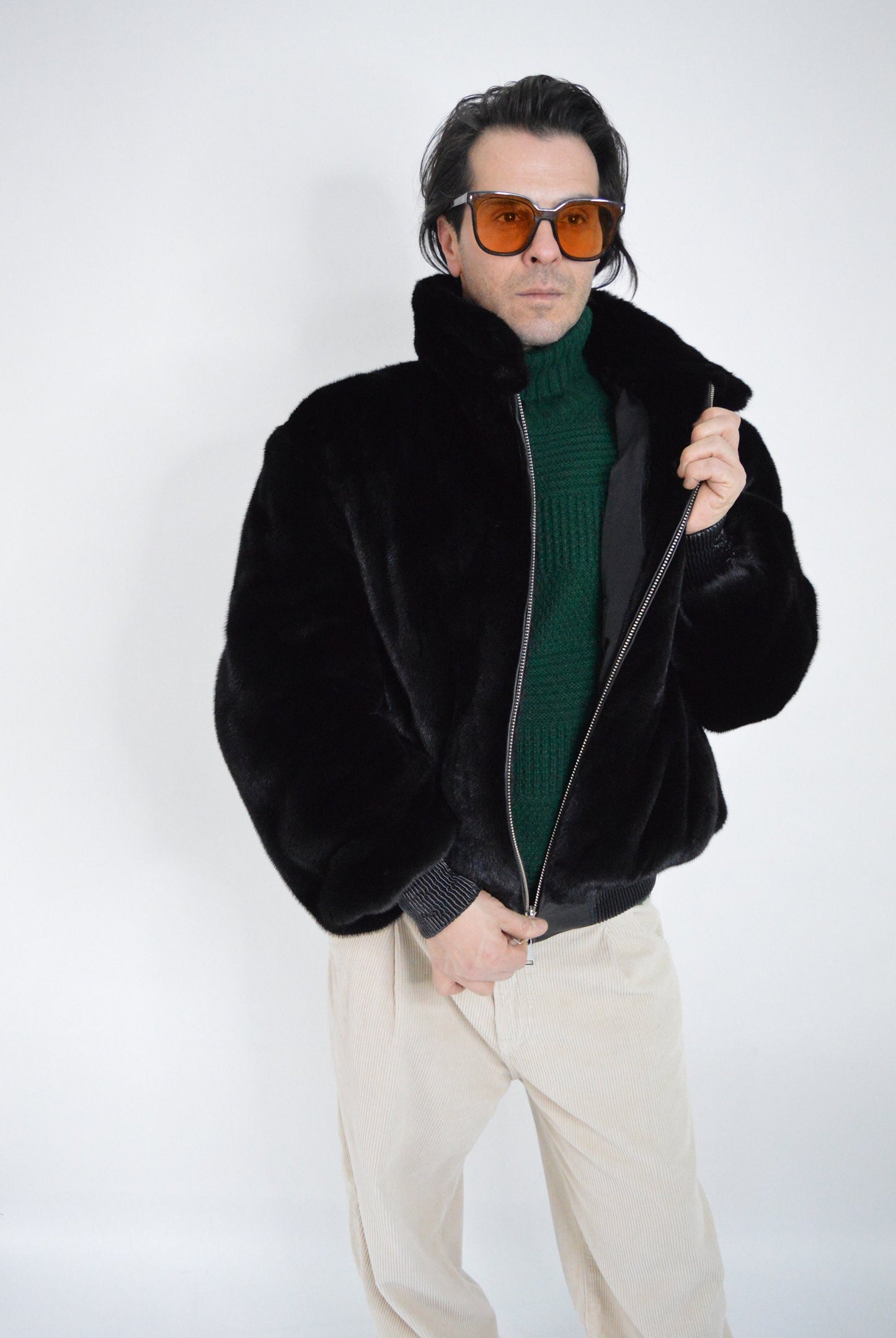 Velvet Mink Bomber Jacket: Black Saga velvet for men with Leather Details