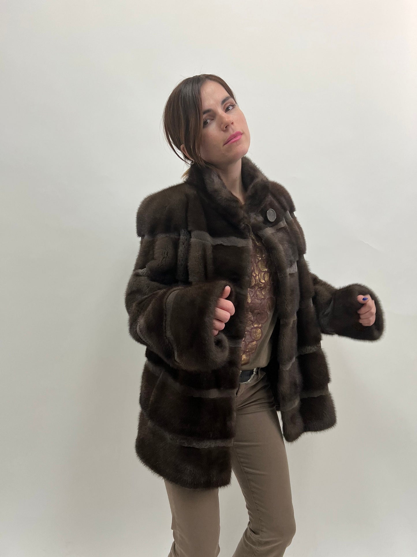 Brown Mink Fur Coat, Saga Sheared Trim, Handmade in Greece
