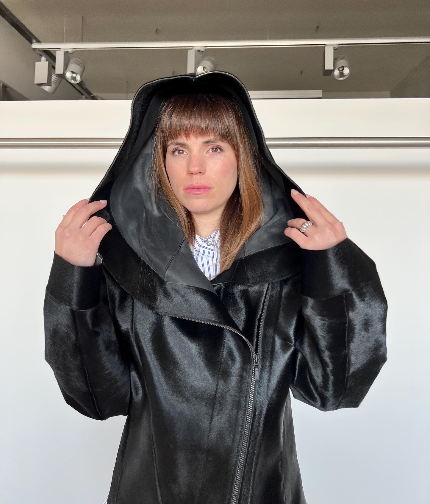 Genuine Hair-On Leather Coat: Black Cavallino Calf Jacket with Hood