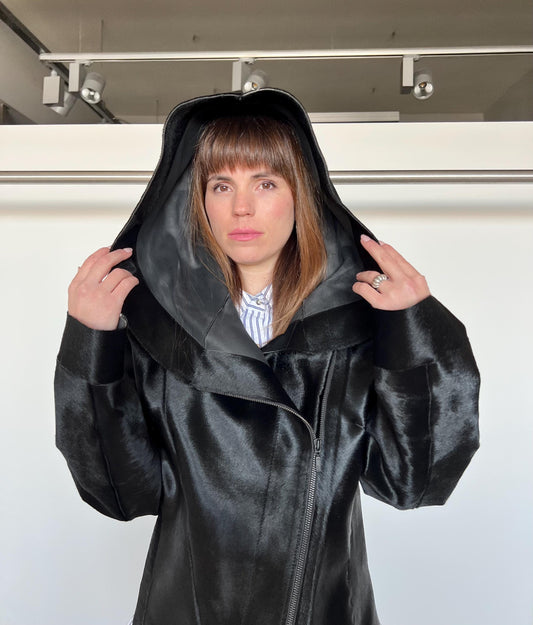 Genuine Hair-On Leather Coat: Black Cavallino Calf Jacket with Hood