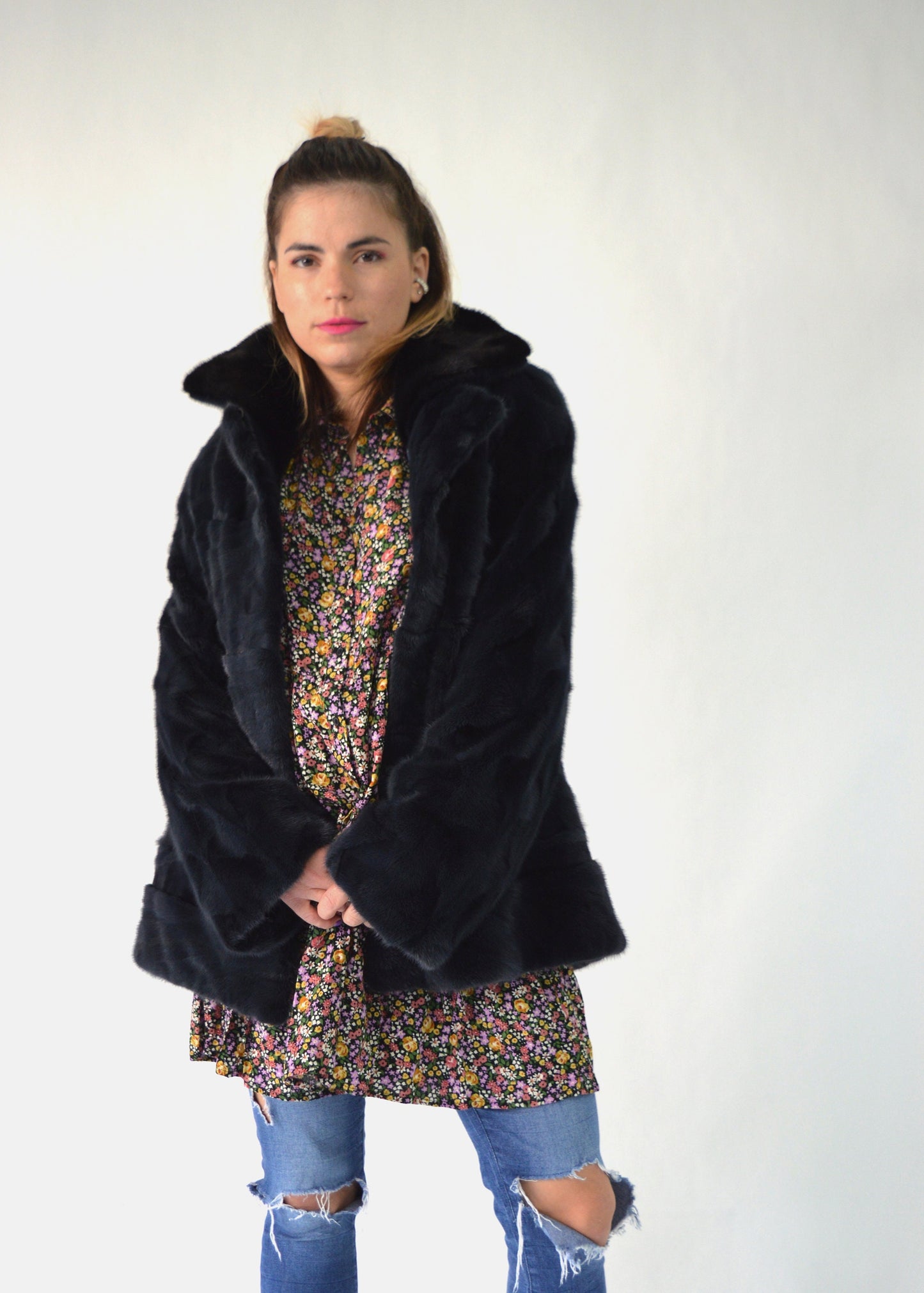Navy Blue Mink Fur Stroller Coat: Black Collar, Luxury Gift