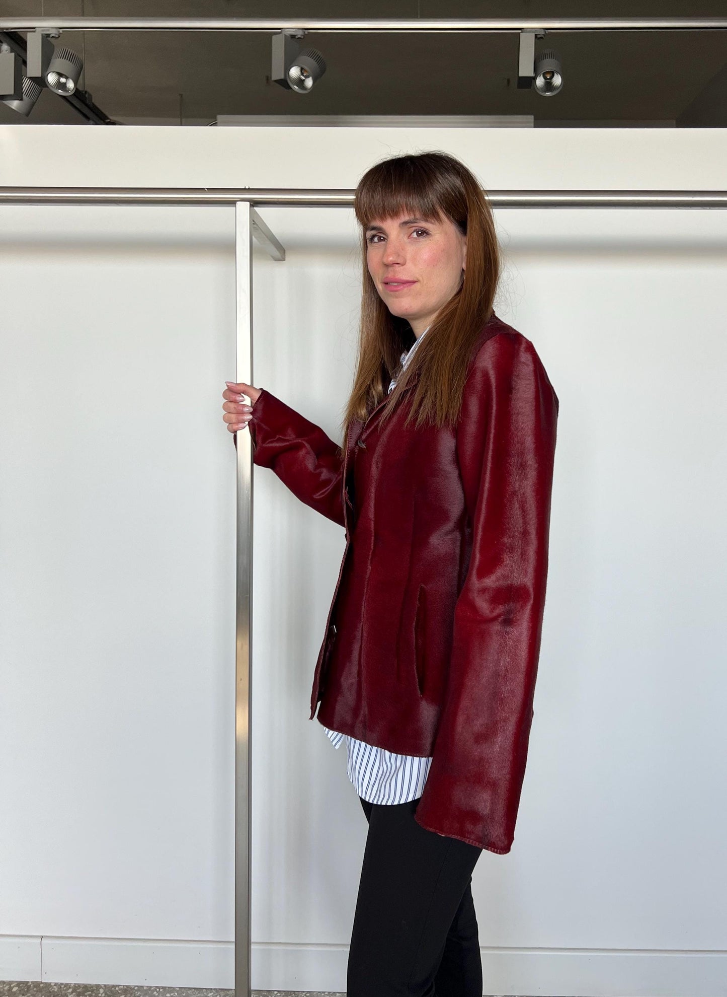 Genuine Cherry Leather Jacket: Hair-On Hide Calf Cavallino Coat