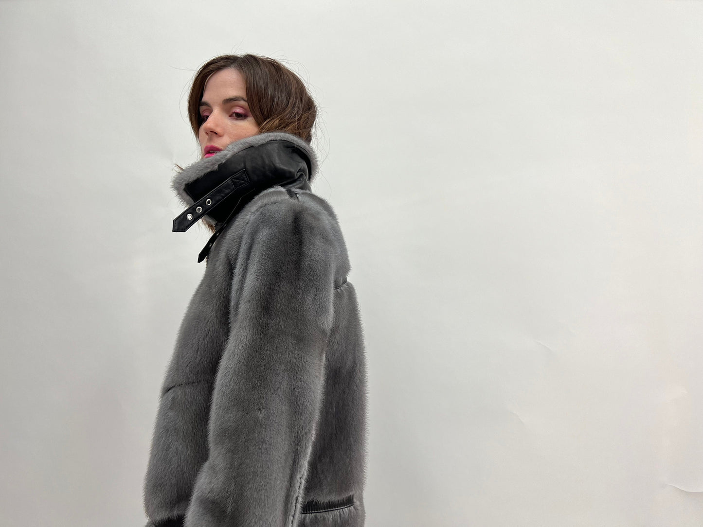 Silver Blue Mink Fur Biker Jacket with Leather Details