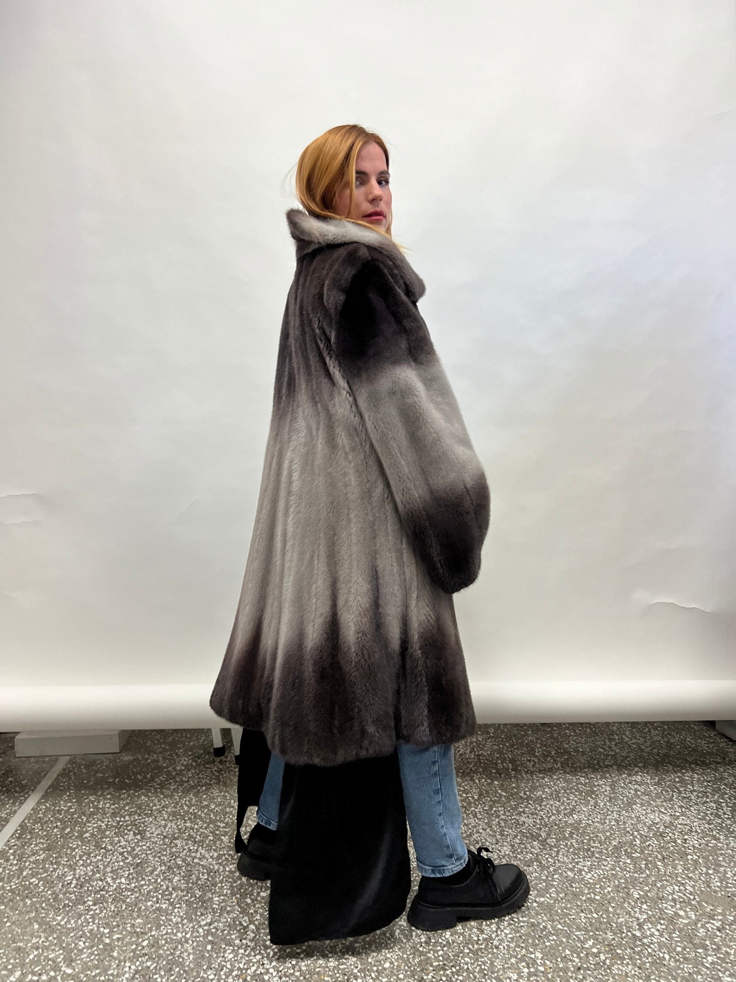 Saga Fur Mink Coat: Degrade Silver Graphite, Size 2XL