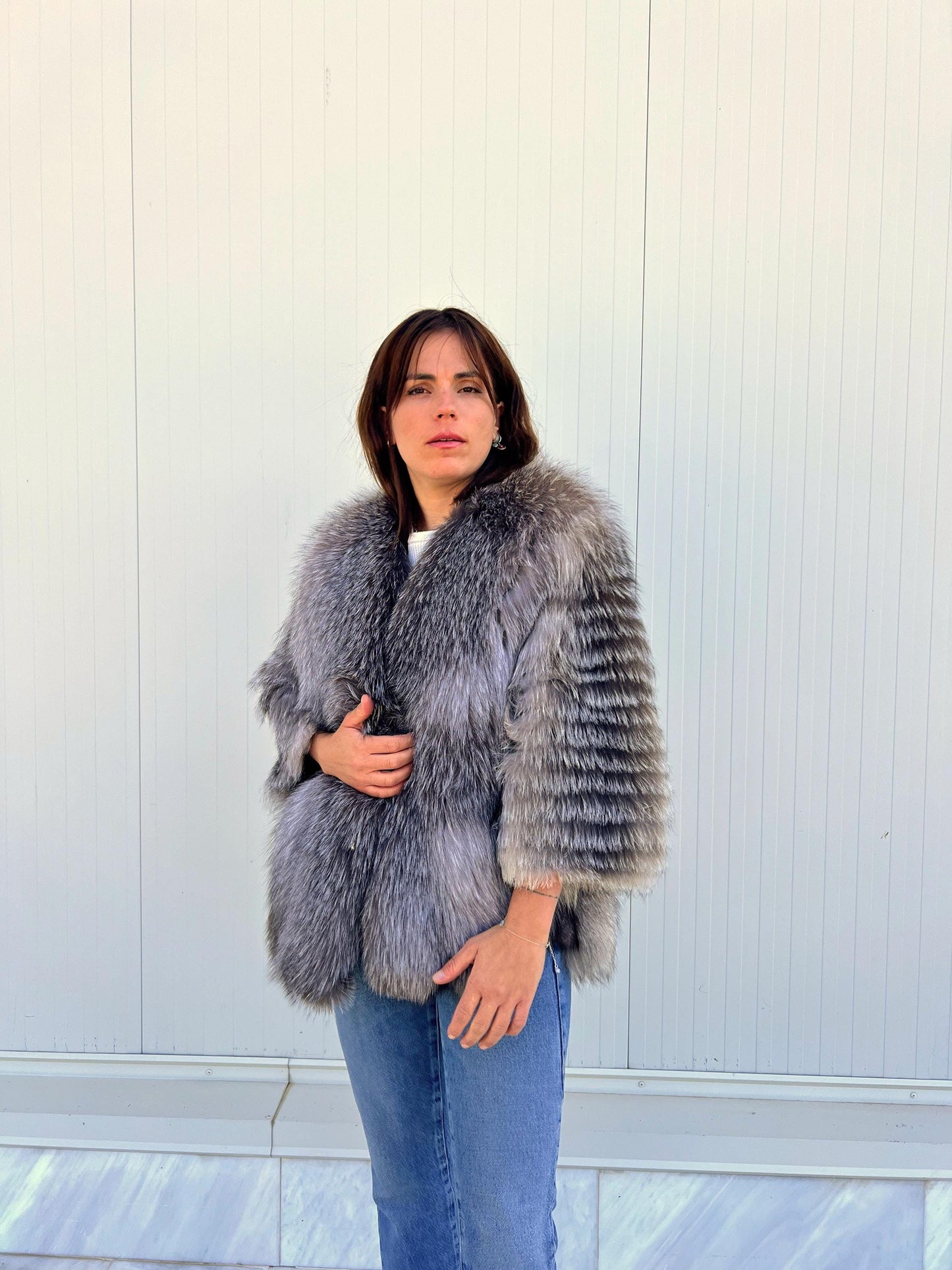 Handmade Grey Fox Fur Jacket: Lightweight, Everyday Fluffy Coat