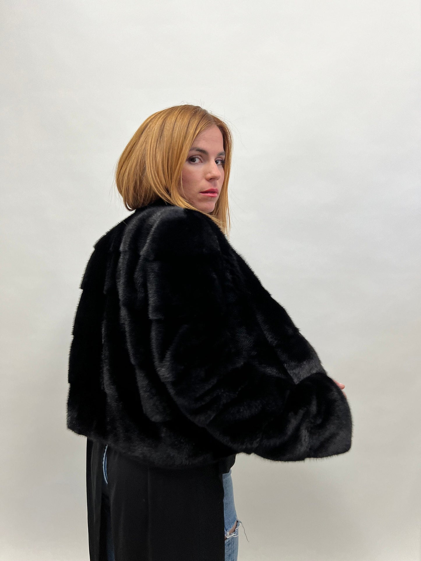 Saga Mink Fur Bolero Jacket: Black Horizontal Collar, Full Skin
