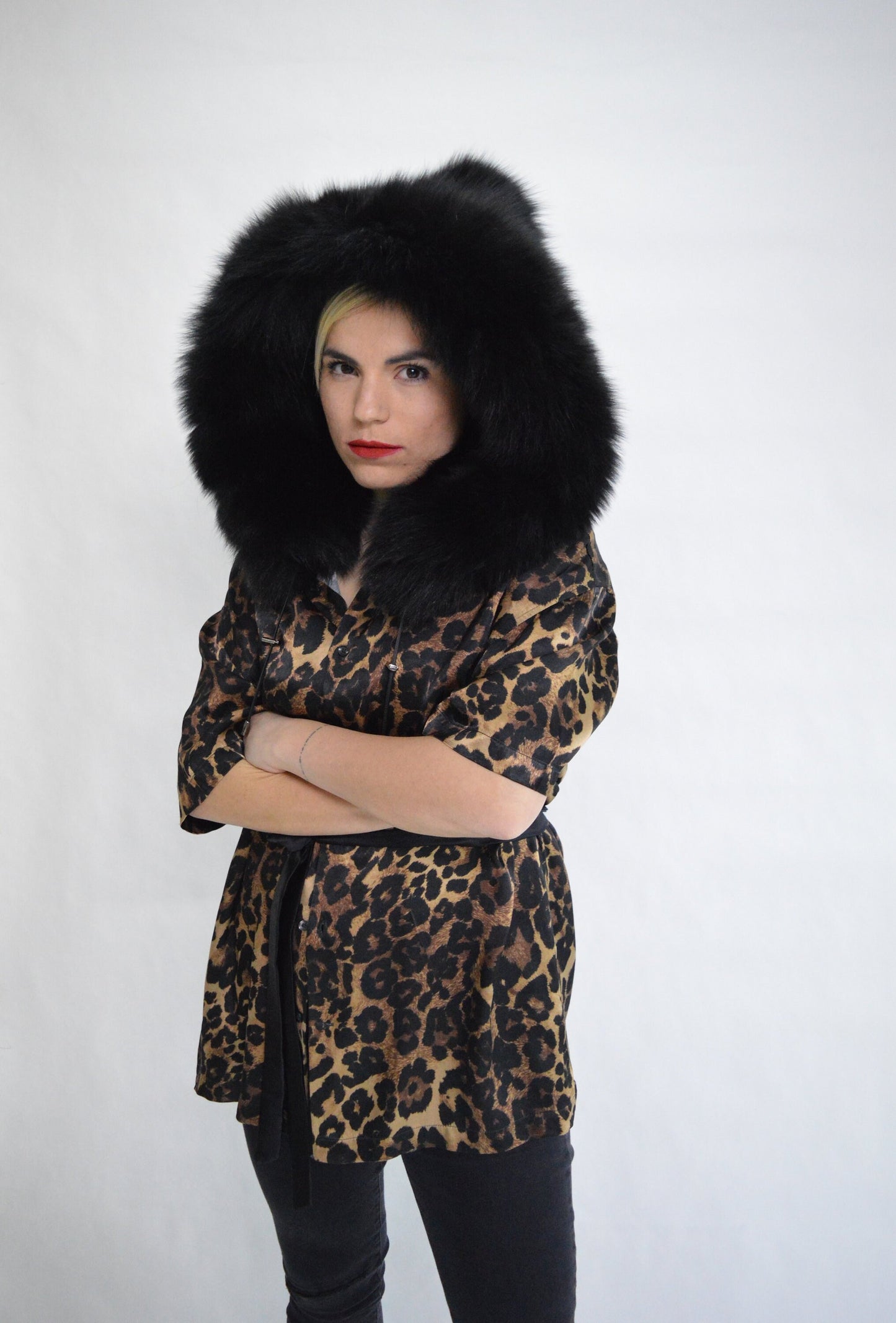 Black Fox Fur Hood: Fluffy Winter Hood with Drawstring