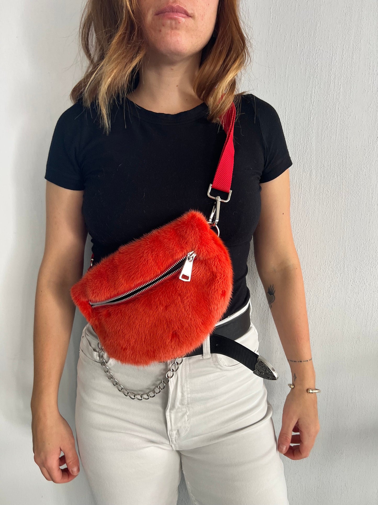 Orange Mink Fur Bumbag with Chain Strap: Luxury Fanny Pack