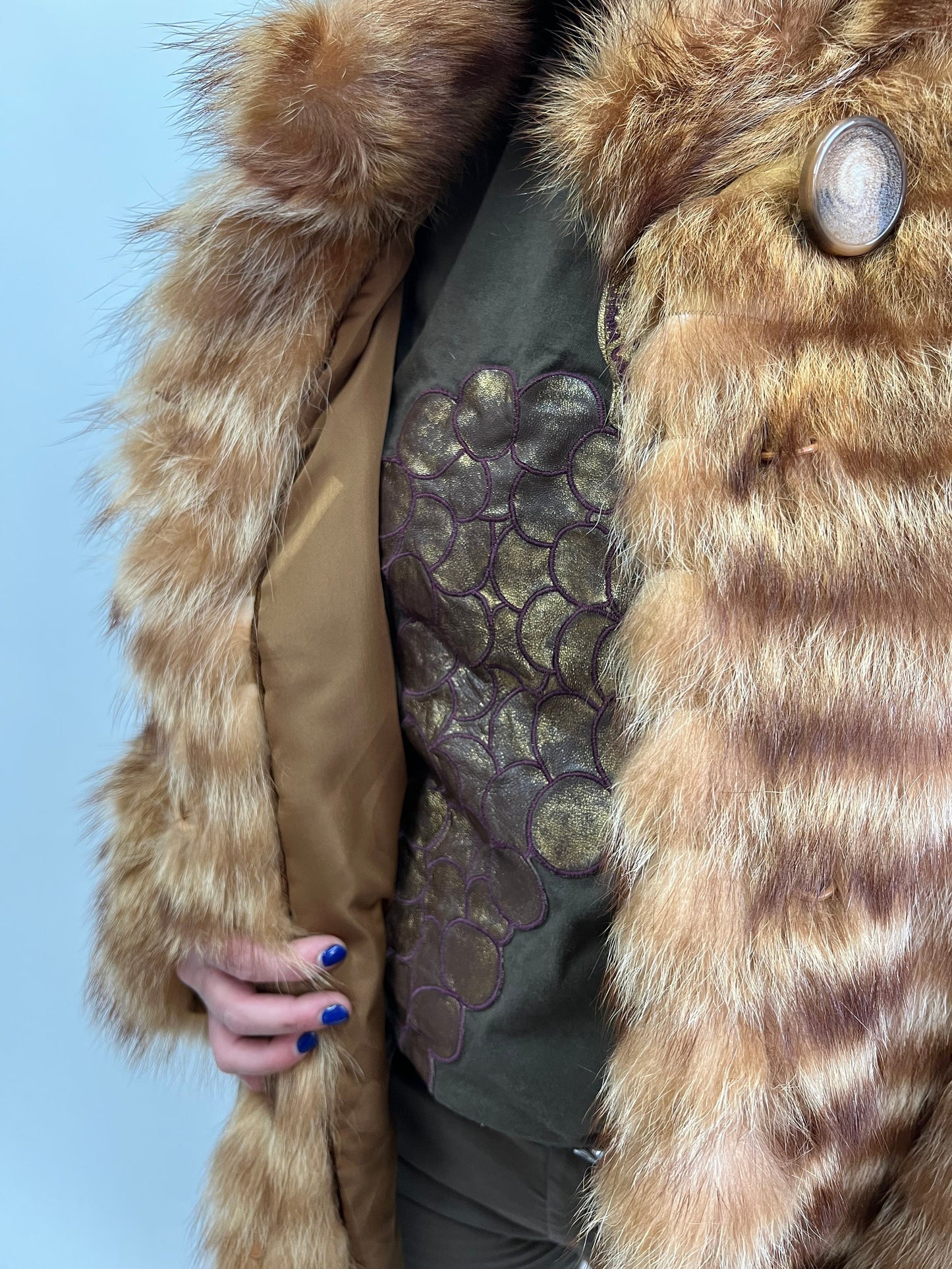 Real Raccoon Fur Coat: Camel Brown Leather Trim