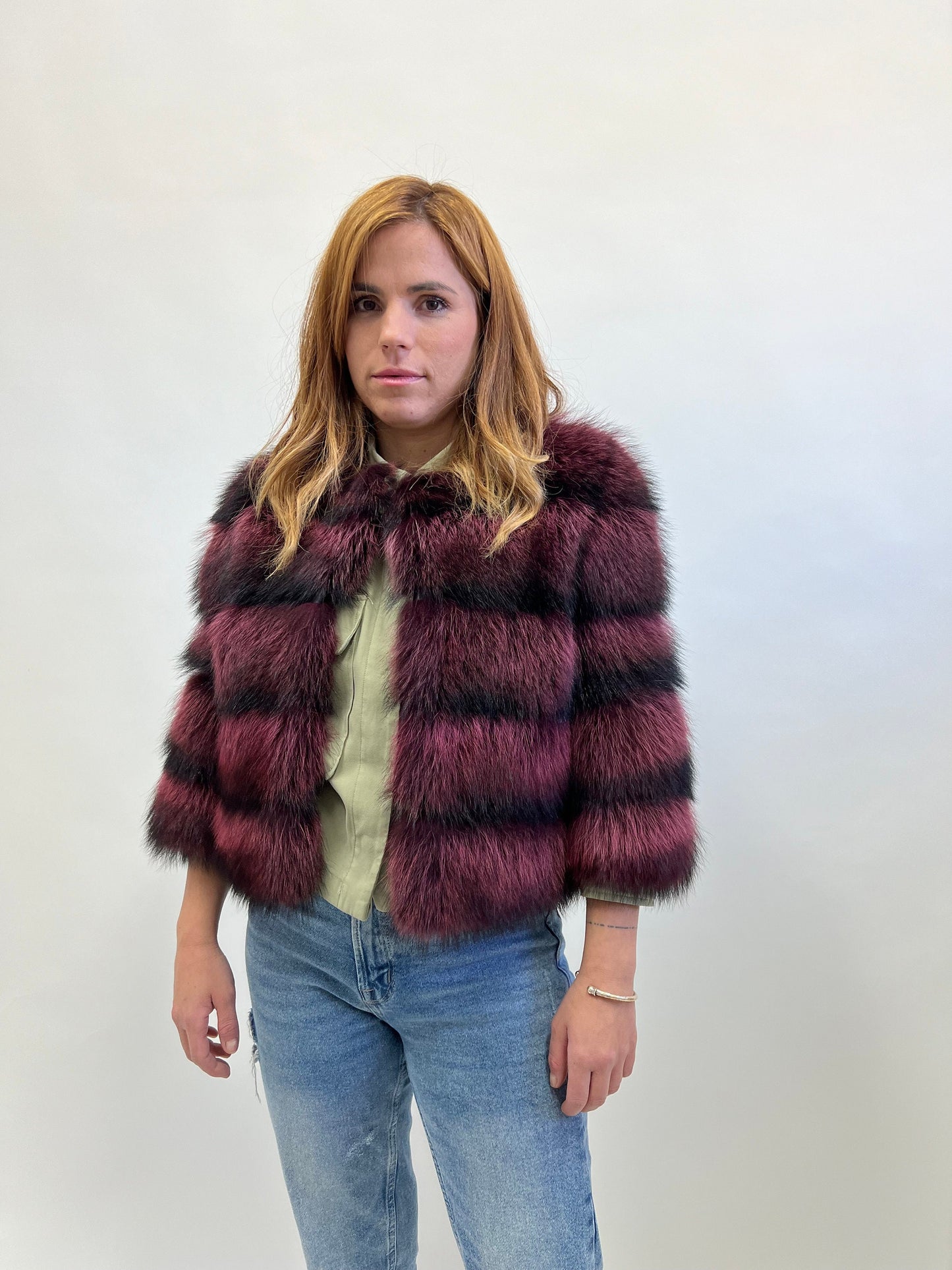 Genuine Burgundy Raccoon Fur Jacket: Leather Trim, XXSmall