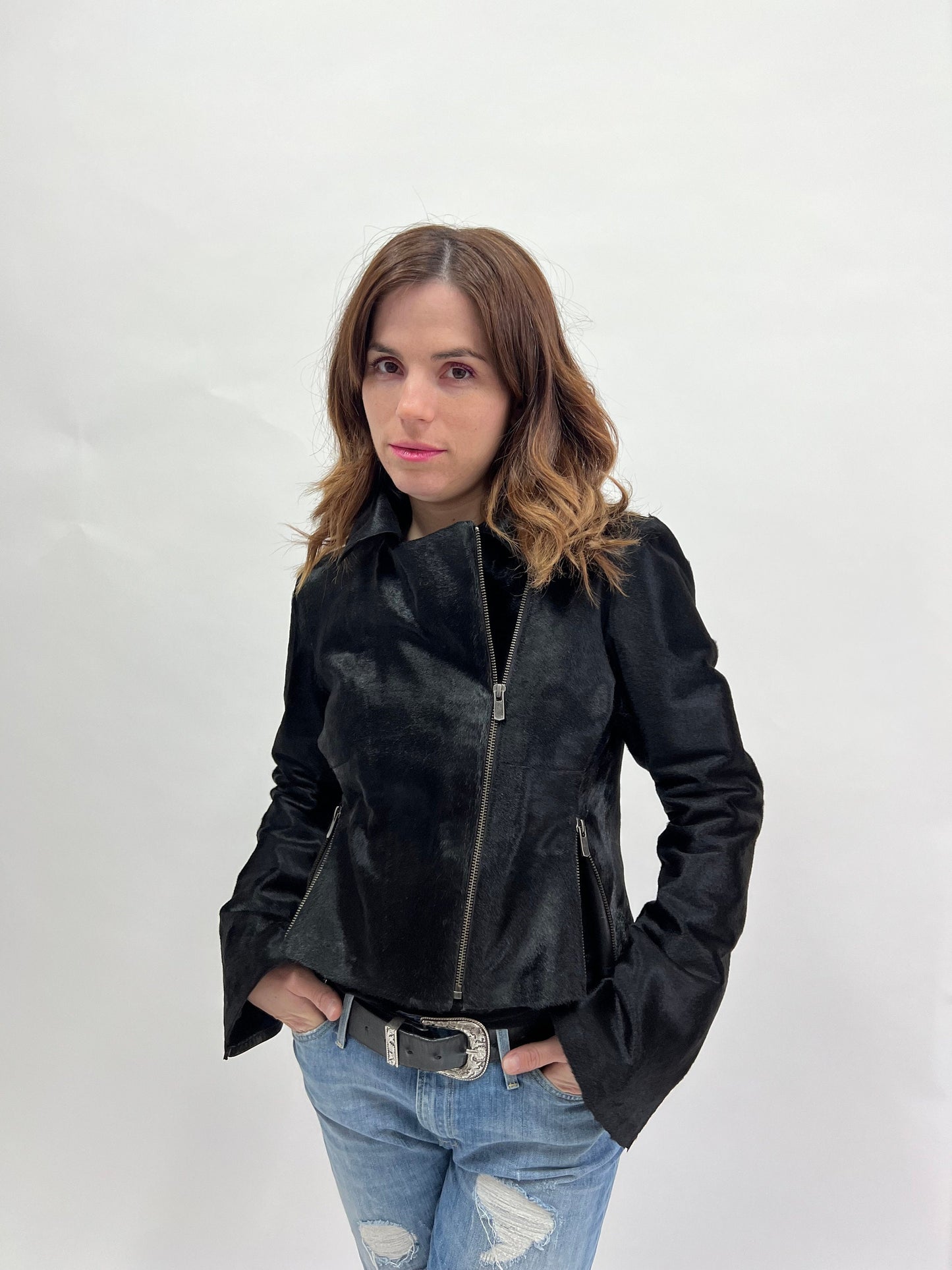 Genuine Cavallino Fur Biker Jacket: Hair-On Calf Leather, Lightweight Spring Coat