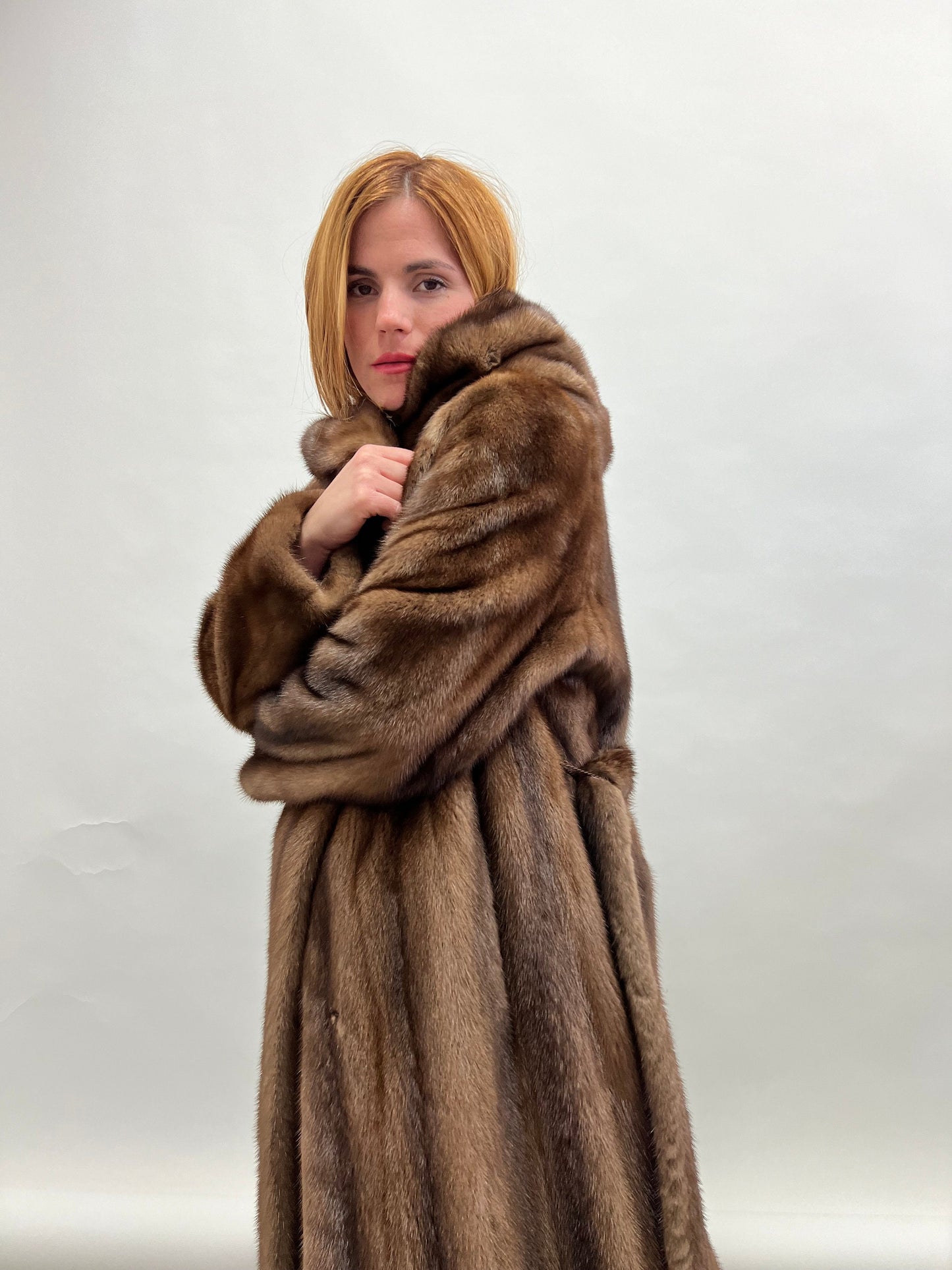 Handmade Brown Mink Fur Hooded Coat - Demi Buff Pelts, Made in Greece