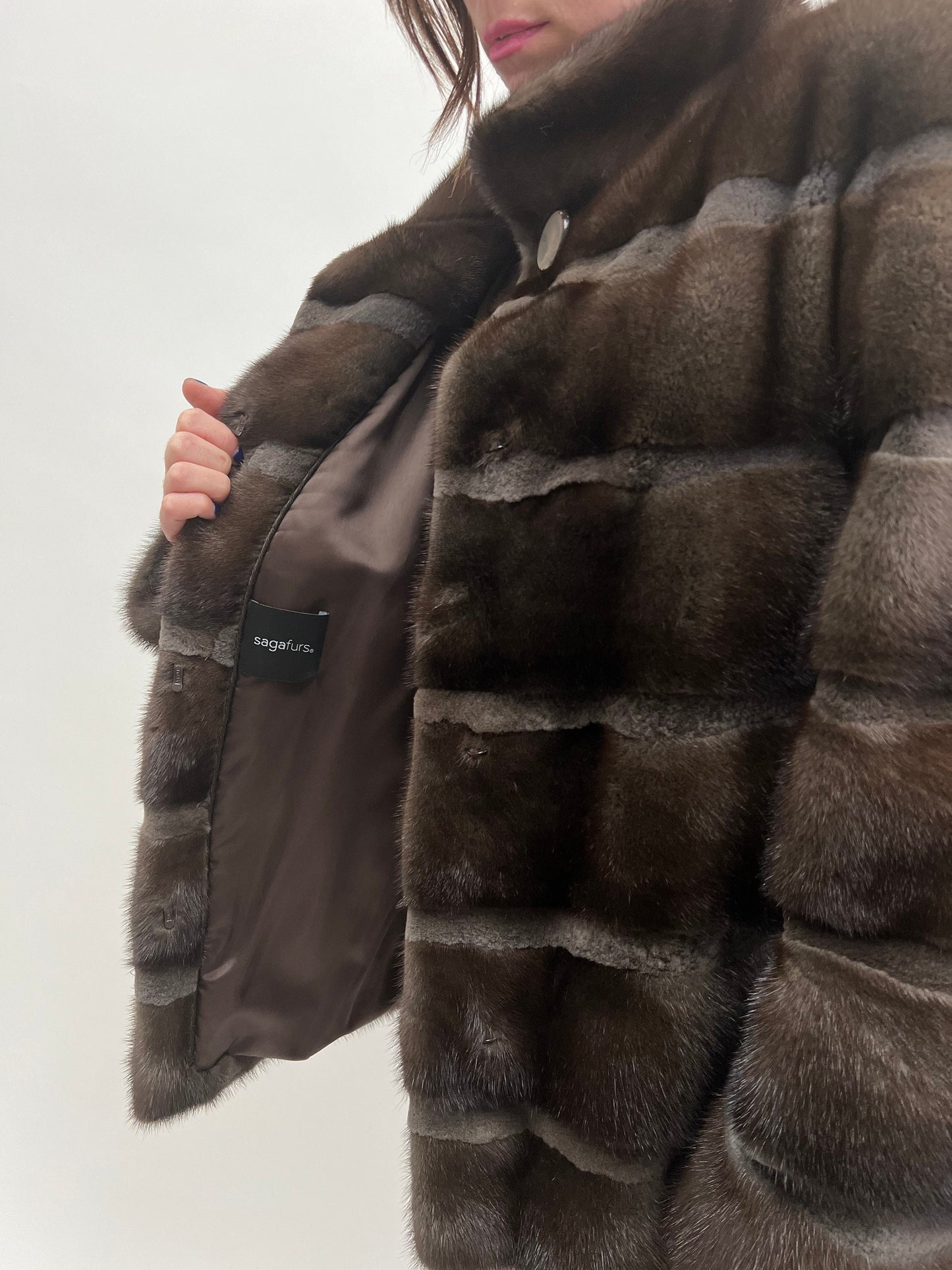 Brown Mink Fur Coat, Saga Sheared Trim, Handmade in Greece