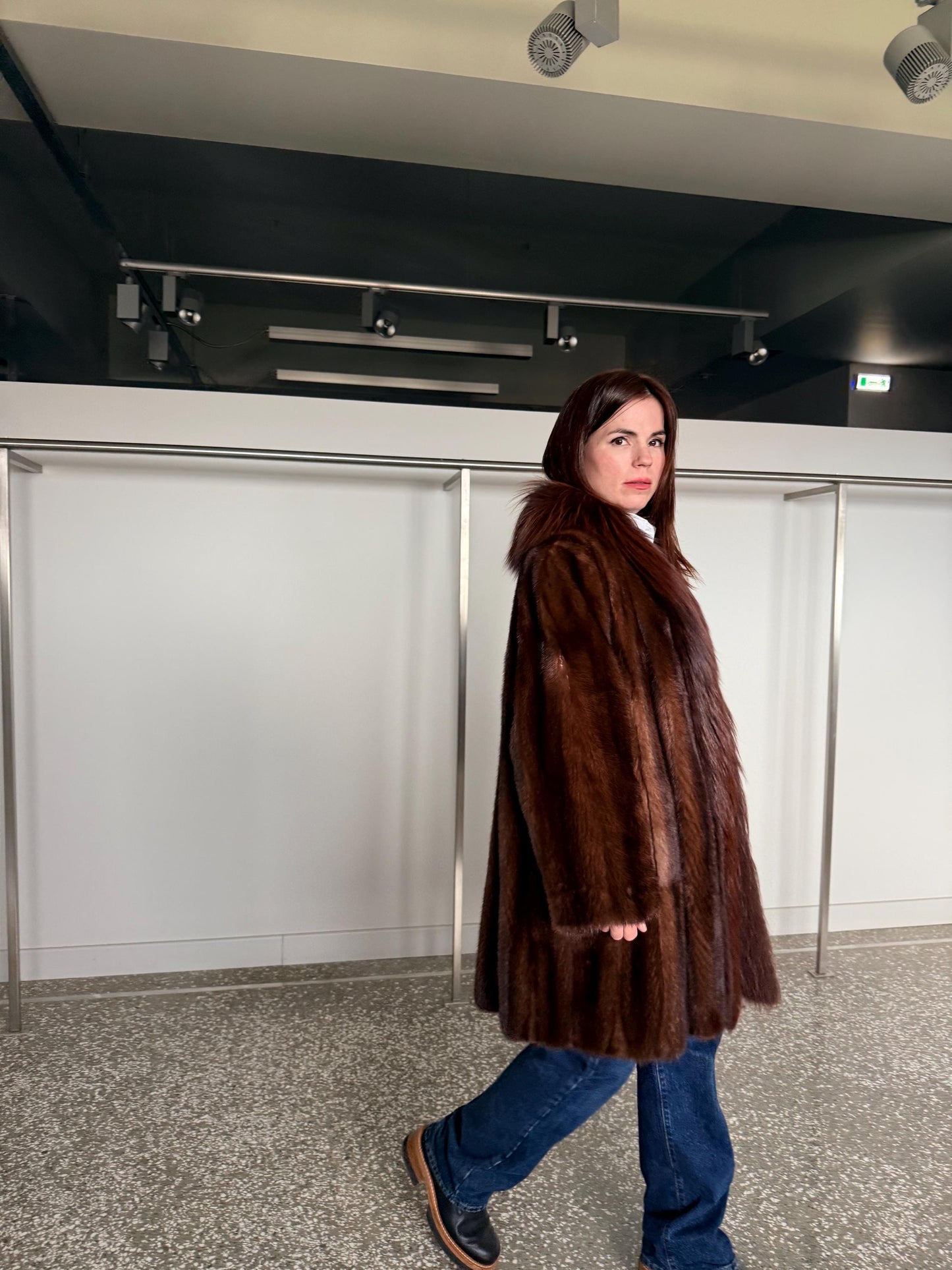 Oversized Demi Buff Mink Fur Coat with Fox Trim: Pastel Whisky Stroller, Handmade Greece