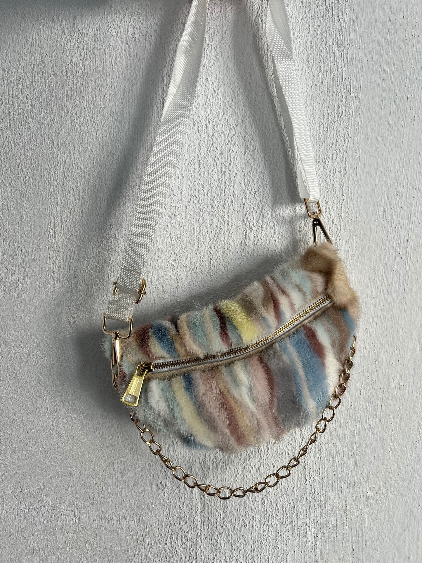 Real mink fur bumbag in multicolor with chain and zipper,fanny pack for waist, back or shoulder. Soft and lined fanny fur bag. Luxury gift
