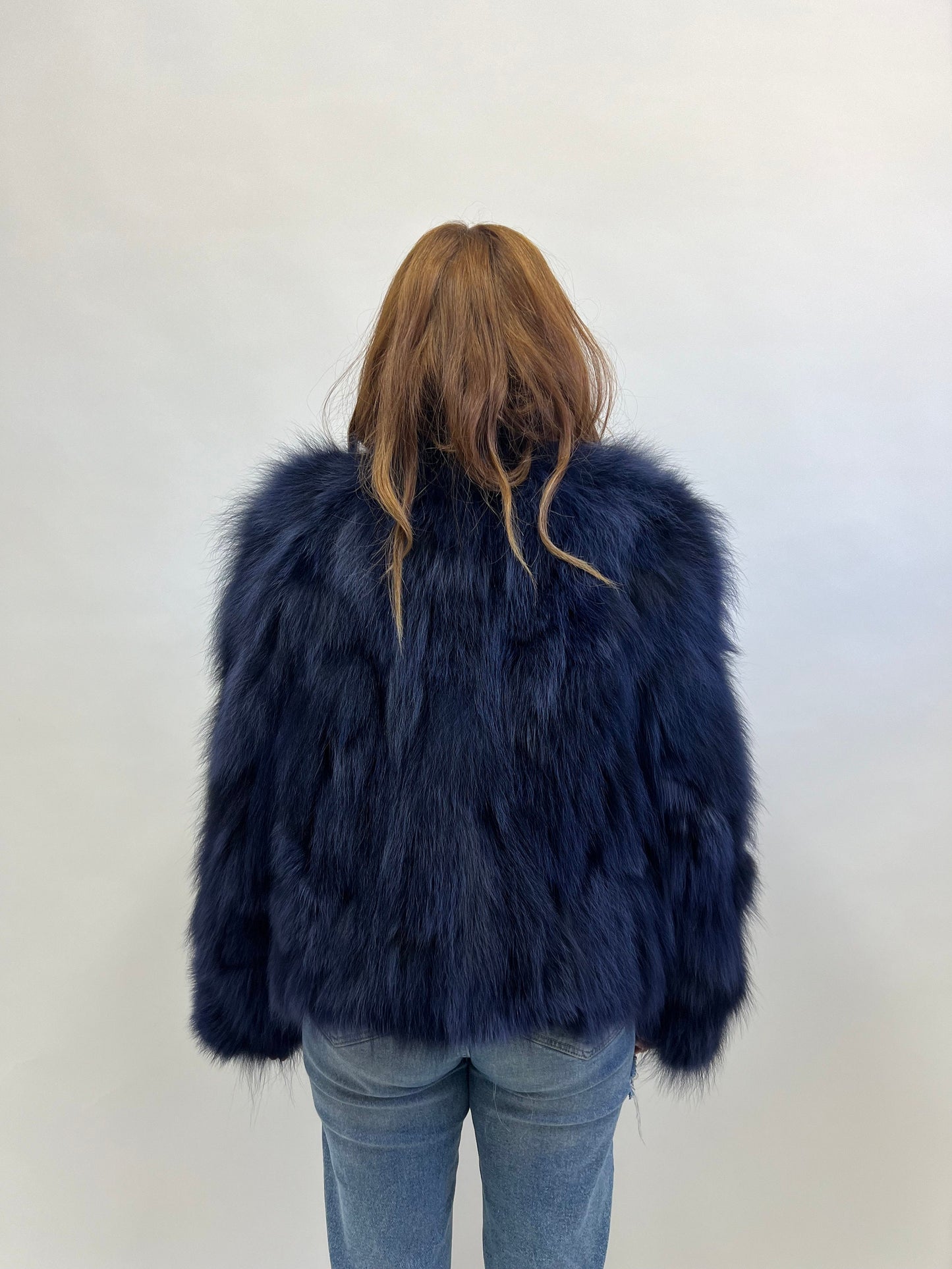 Real Denim Blue Fox Fur Jacket - Handmade Winter Coat