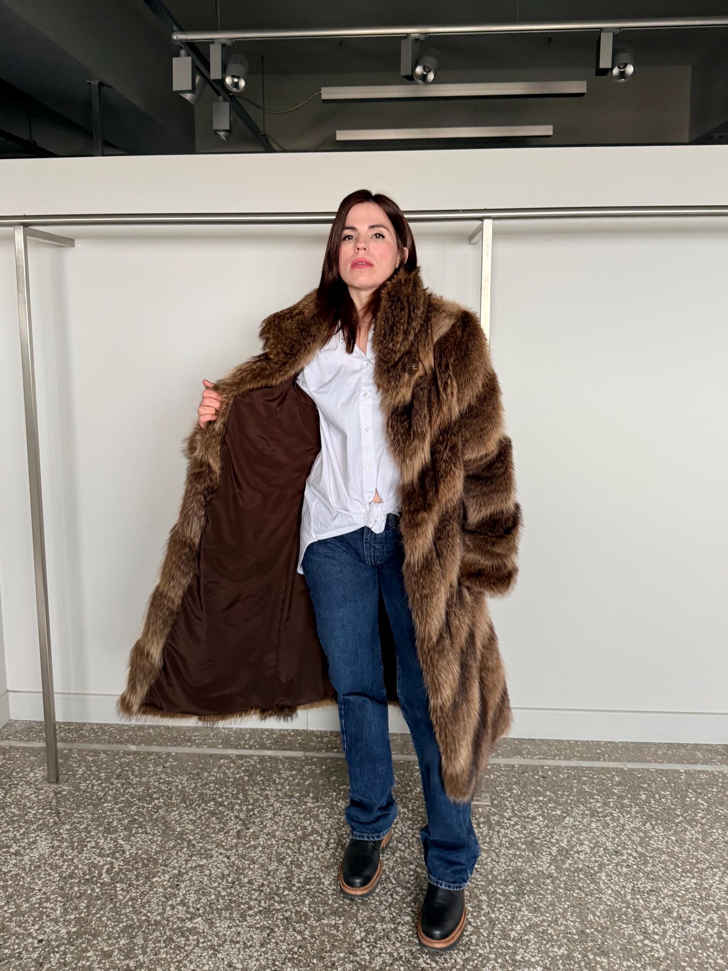 Real Raccoon Fur Coat: Choco Brown extremely warm diagonal fur stroller.