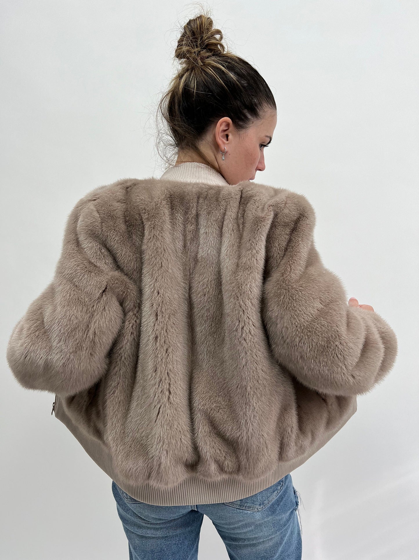 Taupe Mink Fur Bomber Jacket: Knit & Leather, Handmade in Greece
