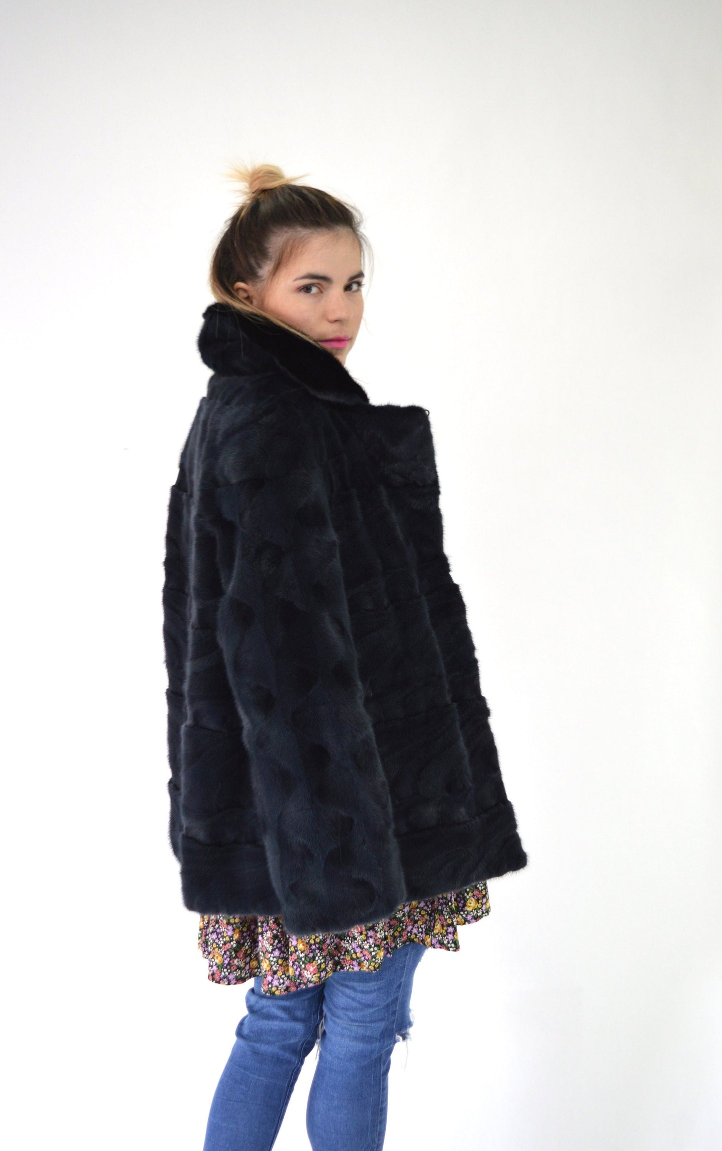 Navy Blue Mink Fur Stroller Coat: Black Collar, Luxury Gift