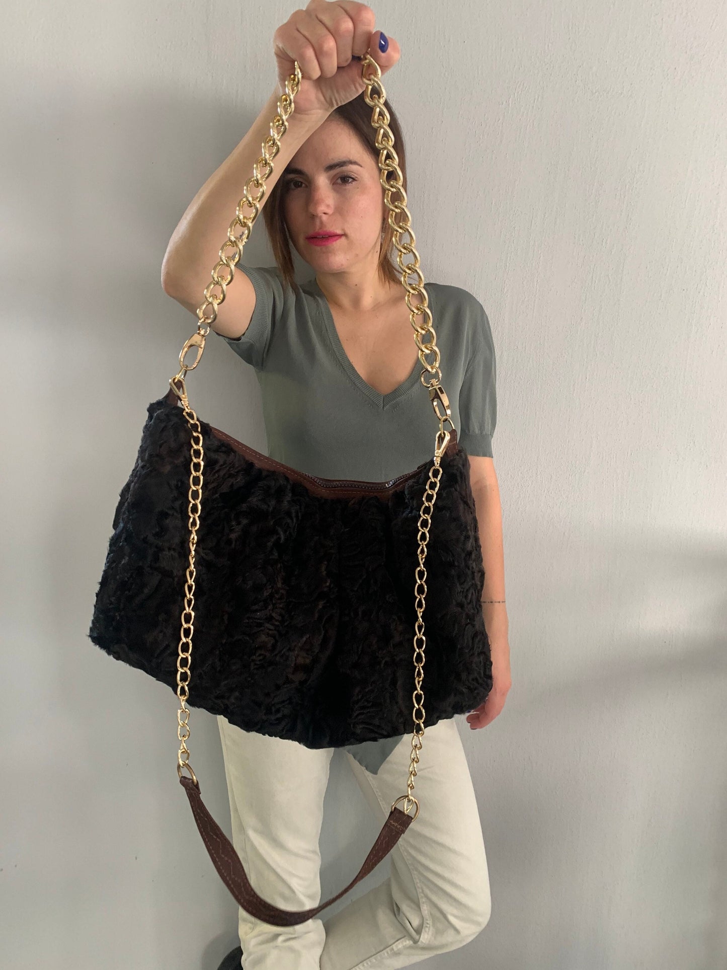 Lamb Fur Slouchy Shoulder Bag: Brown Cloud Pouch with Bronze Straps