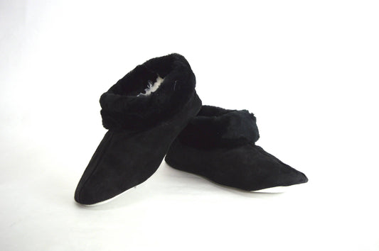 Black Shearling Slippers: Sheepskin Fur Shoes with Rabbit Fur Trim