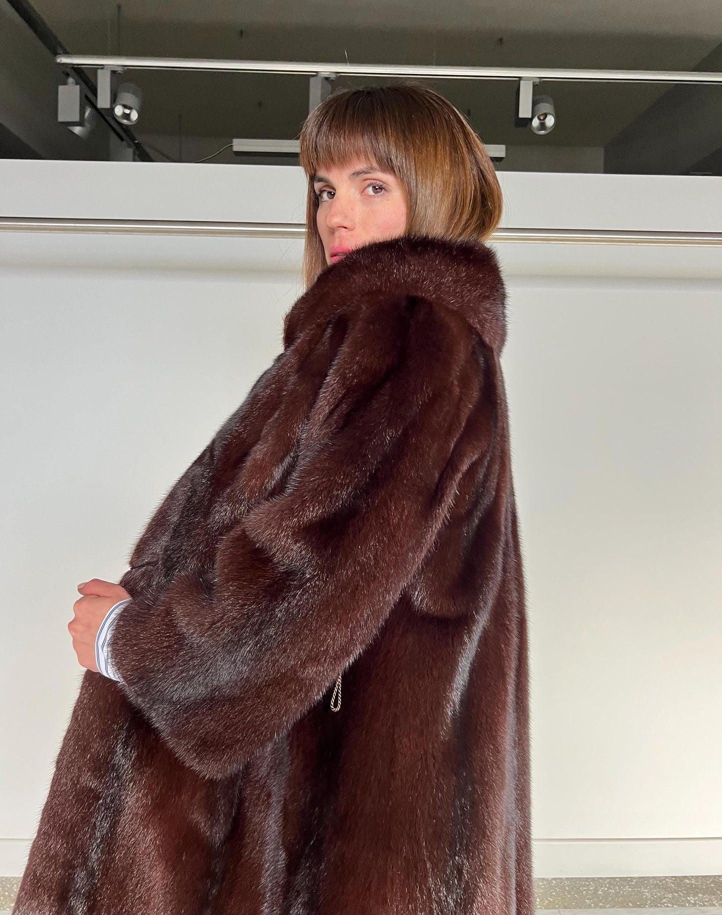 Burgundy Mink Fur Coat: Saga Quality, Stand Up Collar (Medium)