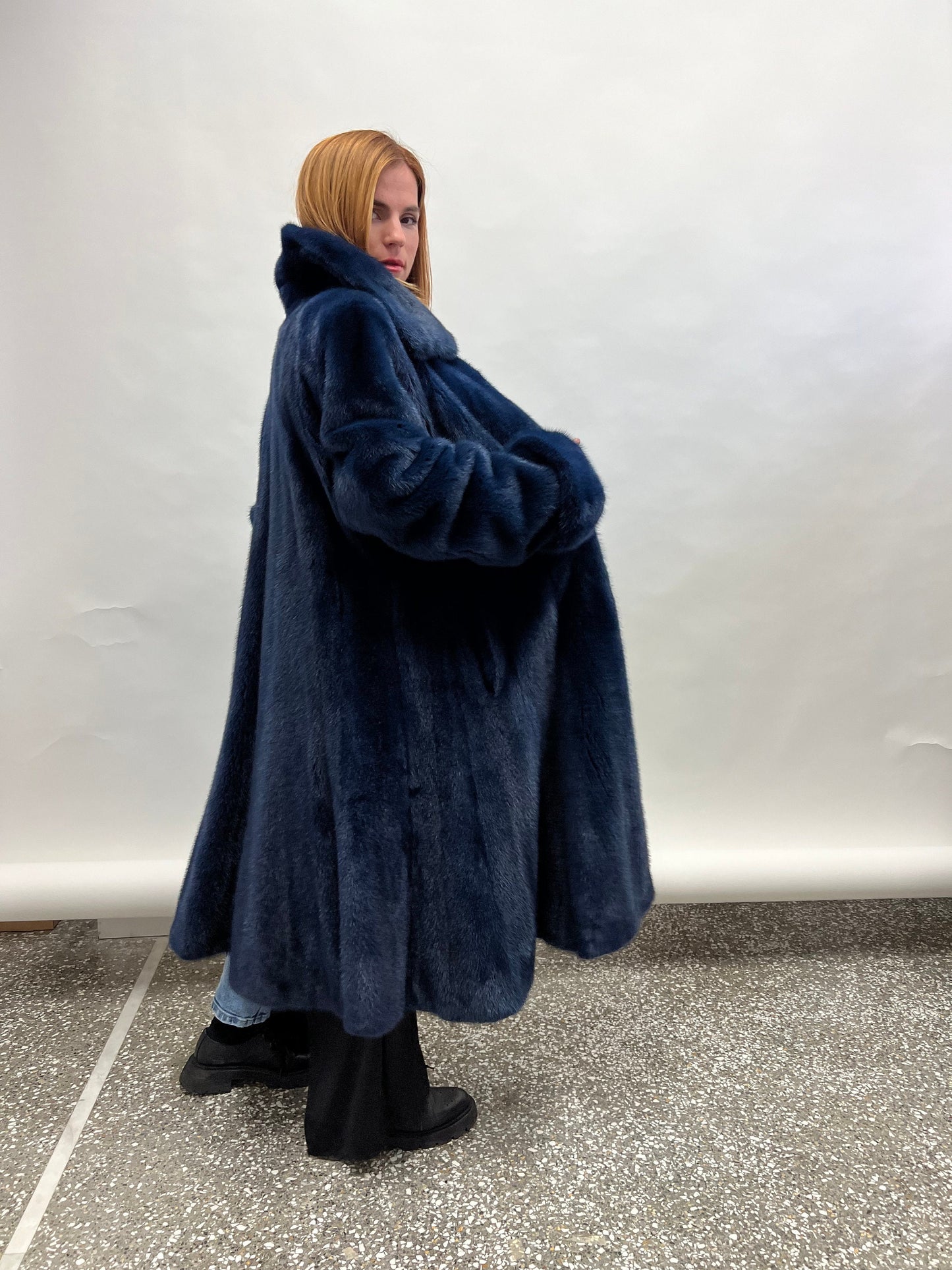 Navy Blue Mink Fur Godet Coat - Handmade in Greece