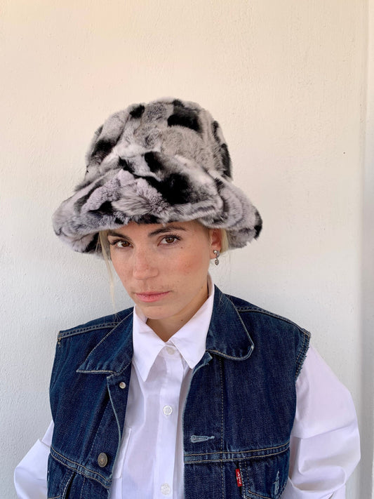Rex Rabbit Fur Bucket Hat: Black & Grey Fisherman Style