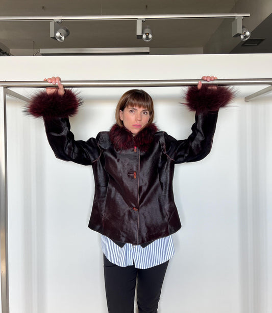 Hair-On Calf Hide Jacket: Burgundy Leather with Raccoon Fur - X-Large