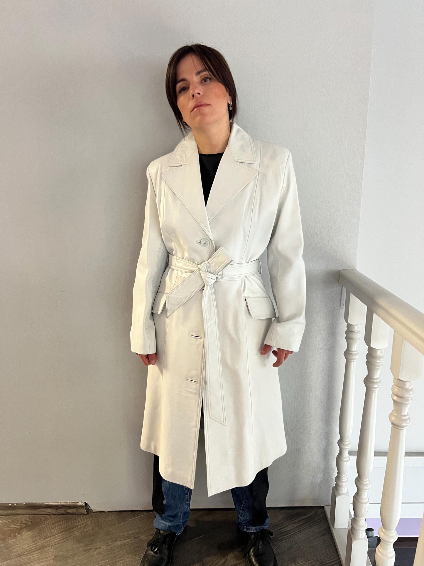 Handmade Nappa Lambskin Leather Coat: White Wrap Belted Jacket