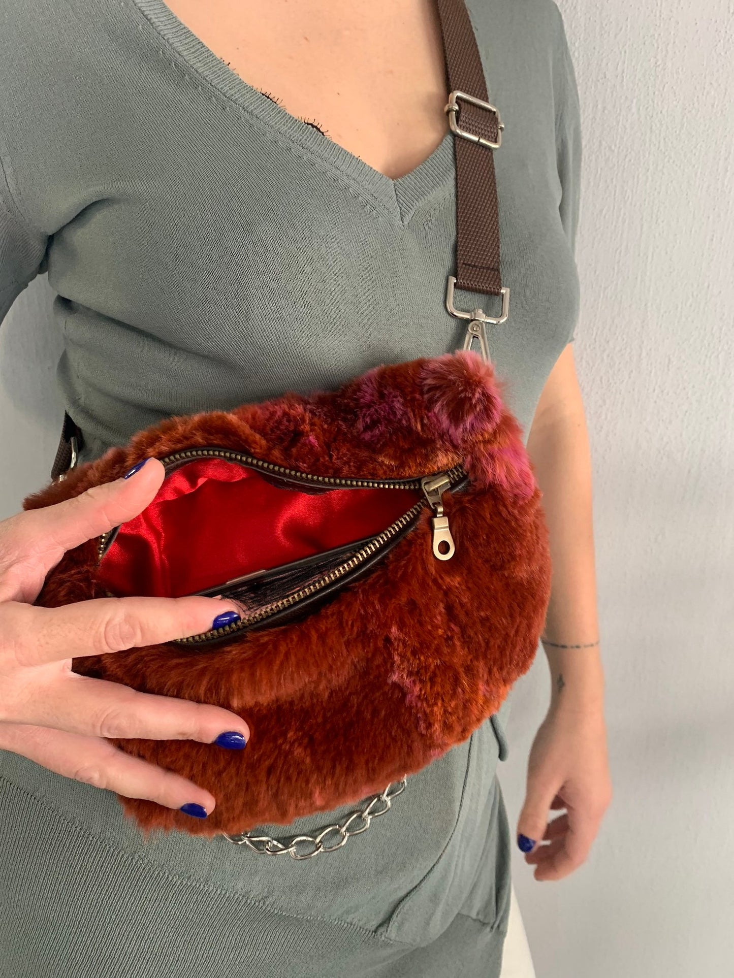 Terracotta Rabbit Fur Bumbag with Chain Strap