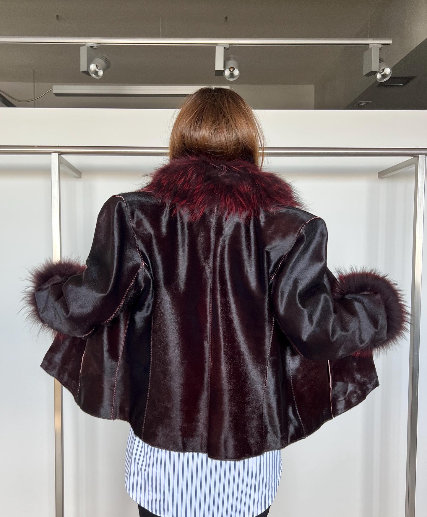 Hair-On Calf Hide Jacket: Burgundy Leather with Raccoon Fur - X-Large
