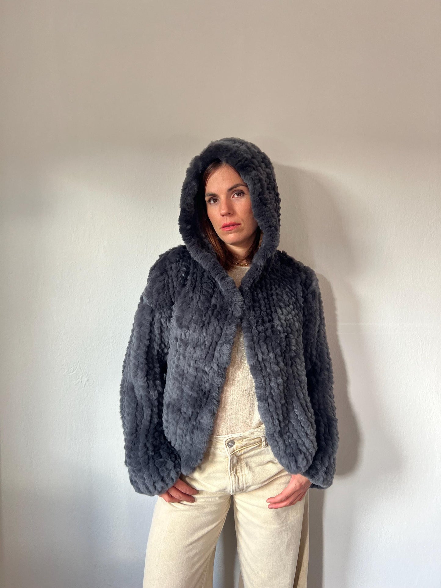Handwoven Rabbit Fur Hooded Jacket - Dark Grey Lightweight Coat