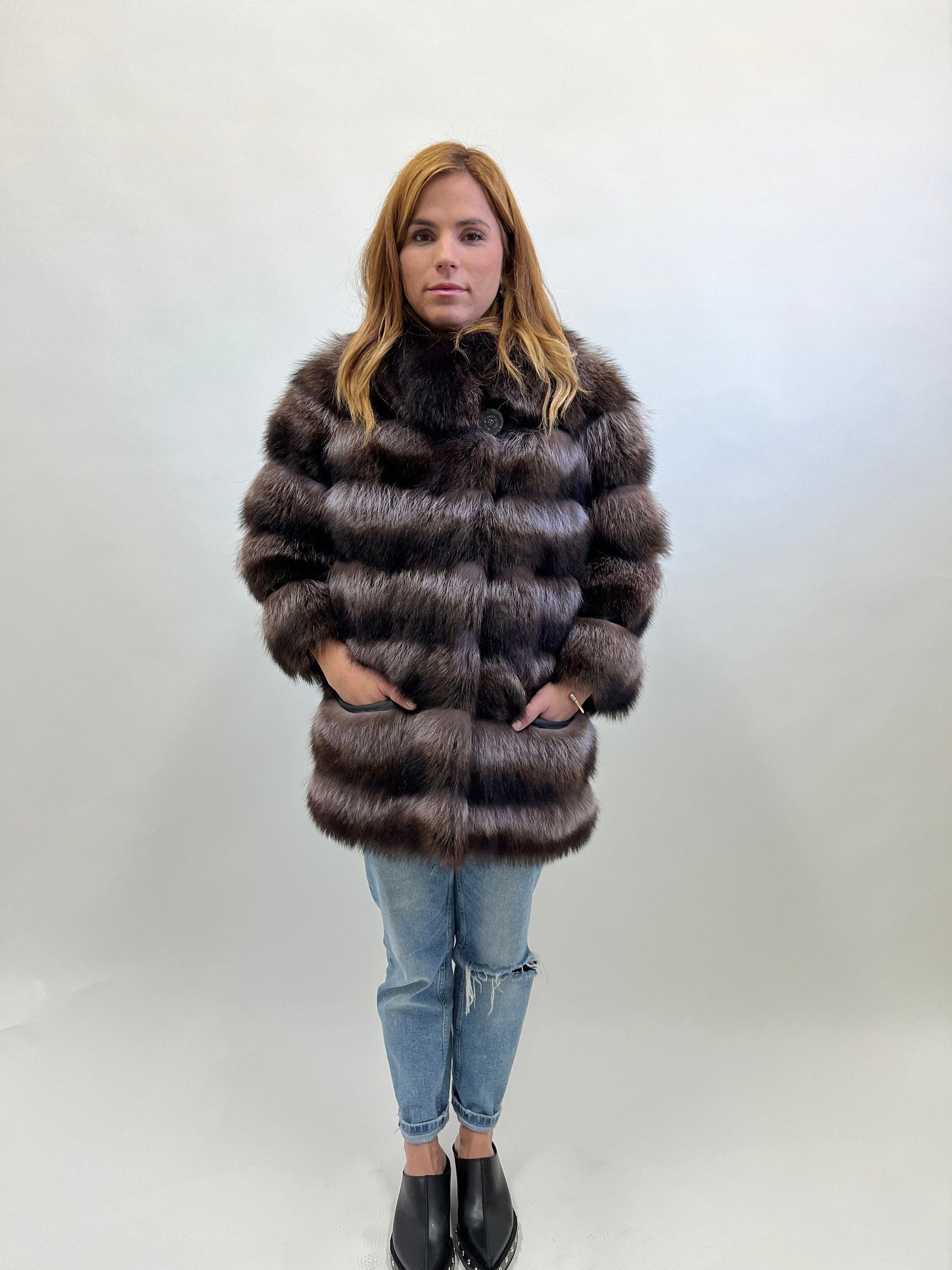 Genuine Raccoon Fur Jacket: Brown Levante Leather Trim Collar