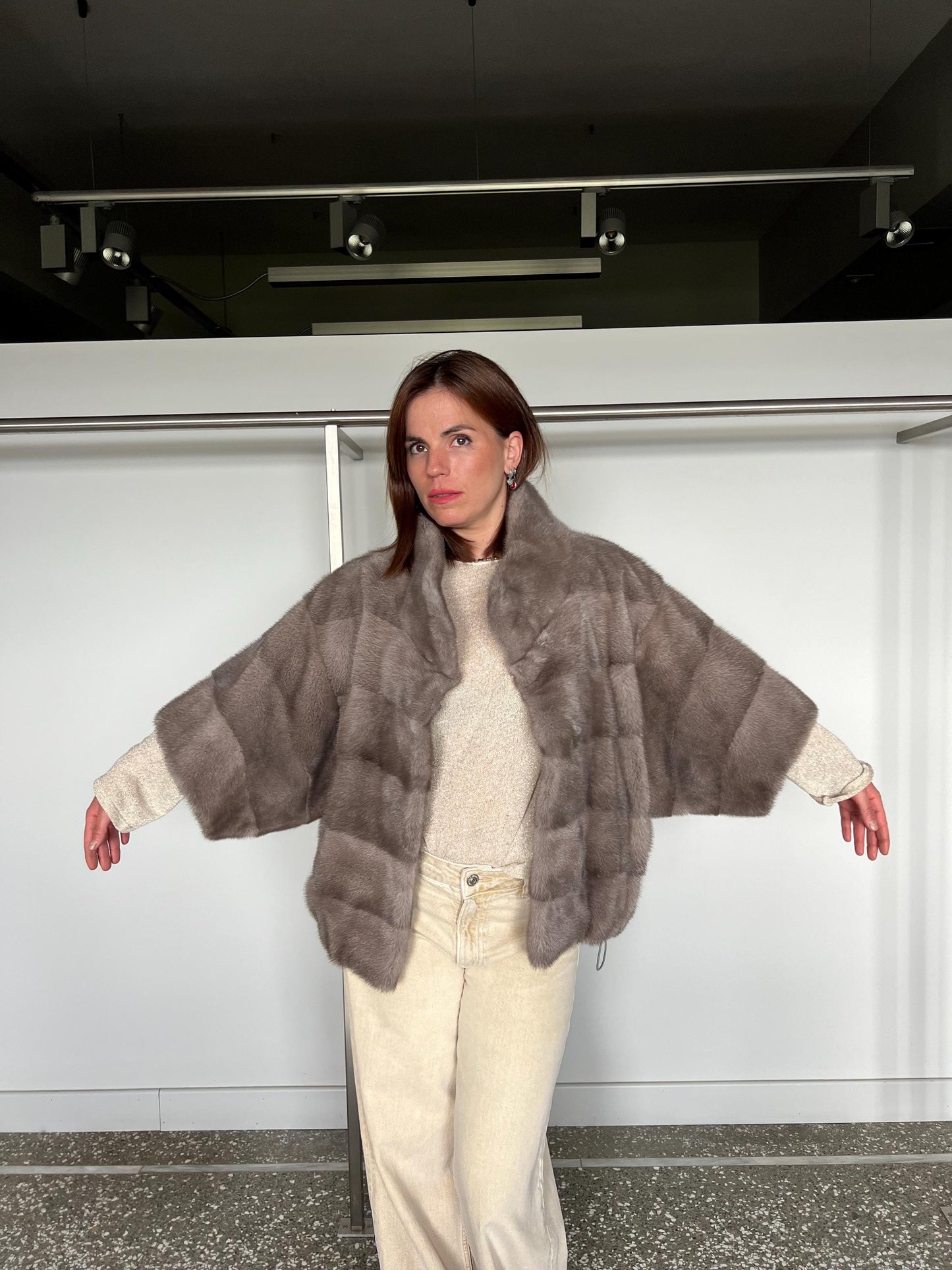 Handmade Silver Blue Mink Fur Cape: Oversized Jacket, Stand Up Collar