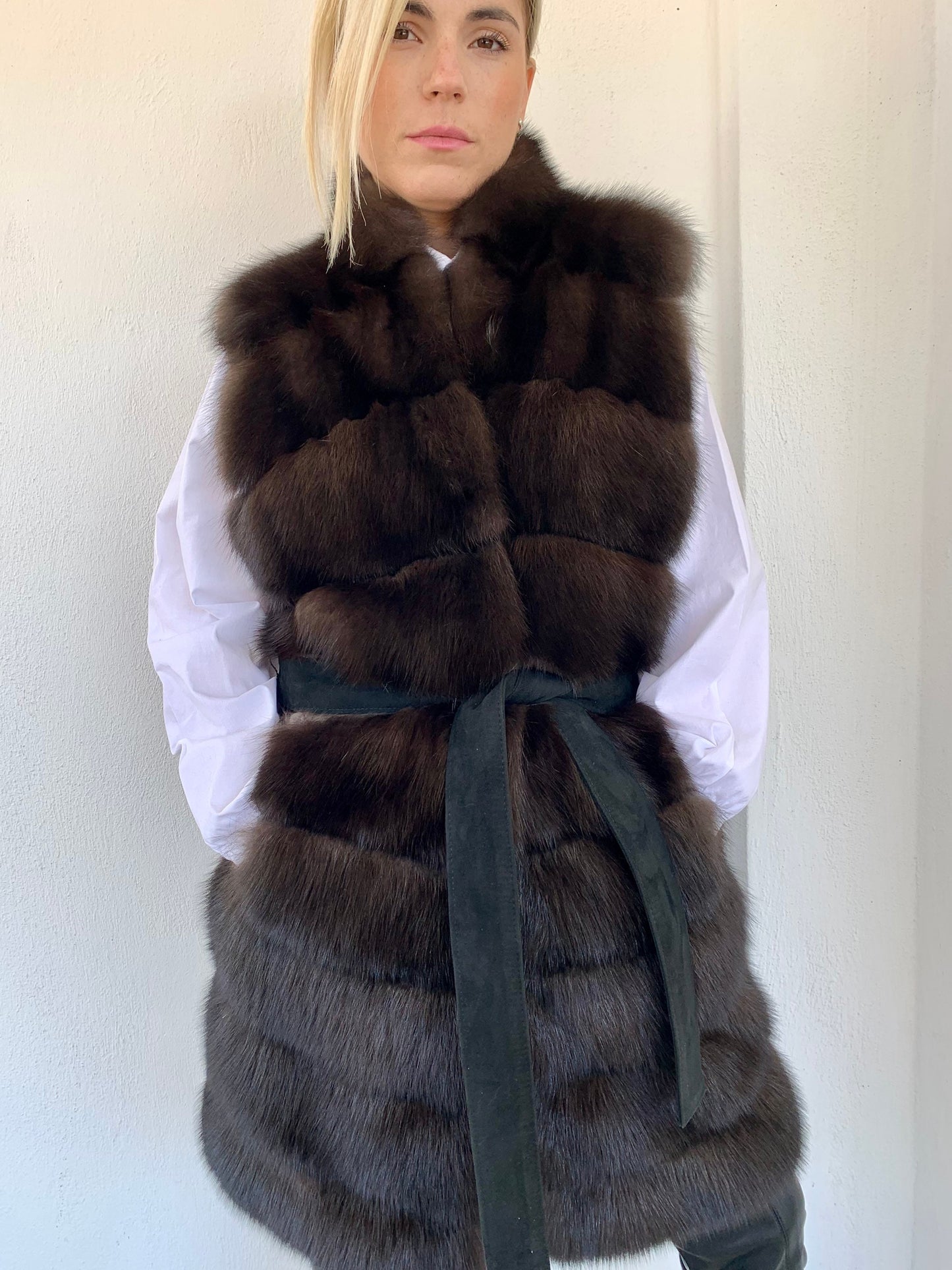Real Sable Fur Vest: Velvet Mink Back, Suede Belt Trim