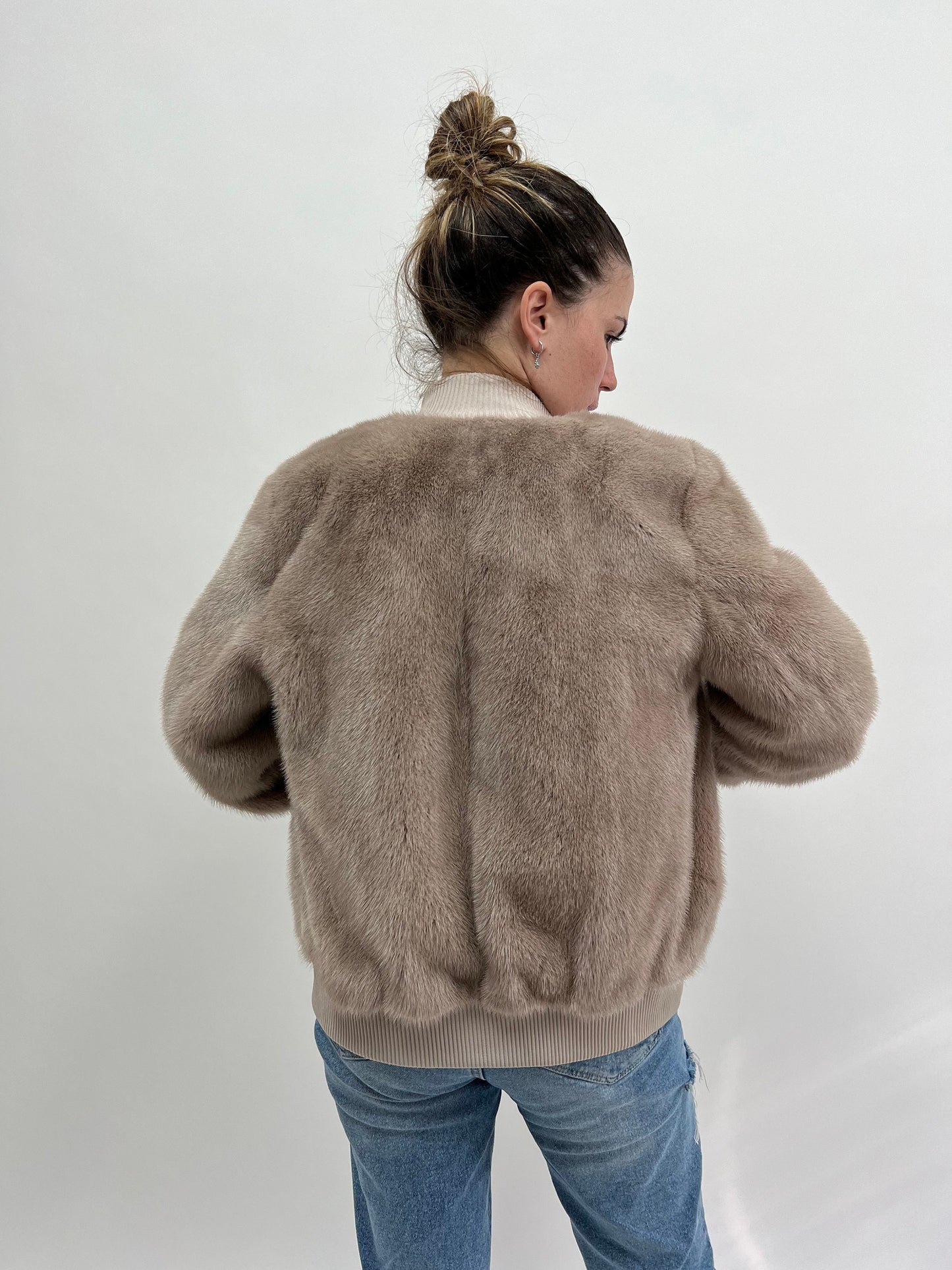 Taupe Mink Fur Bomber Jacket: Knit & Leather, Handmade in Greece